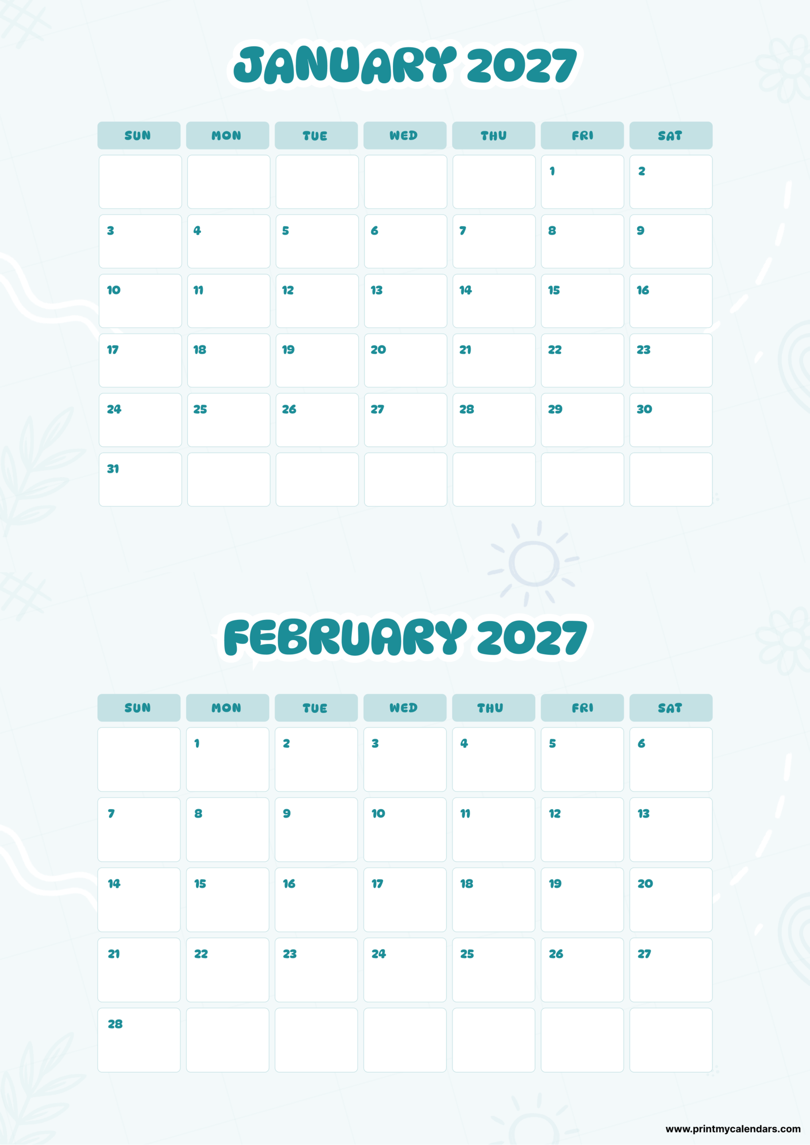 Printable Cyan Clear January February calendar 2026 Portrait A4