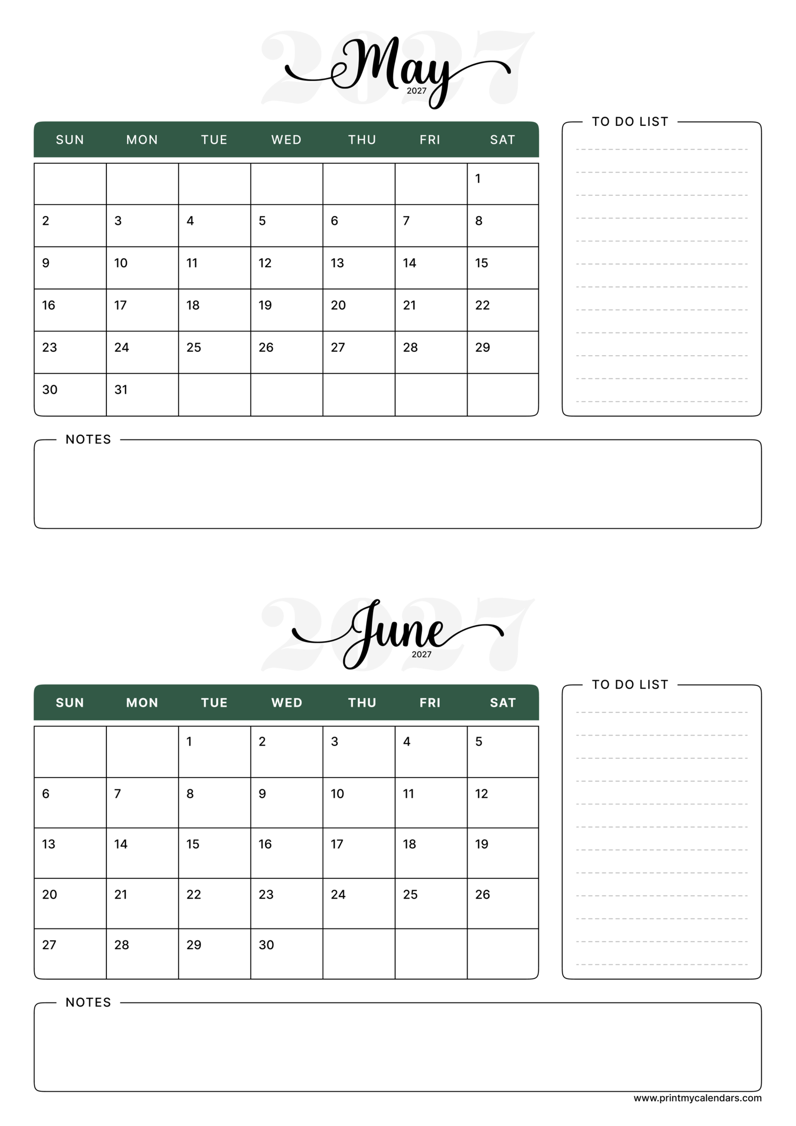 Printable Forest Exec May June calendar 2027 Portrait A4