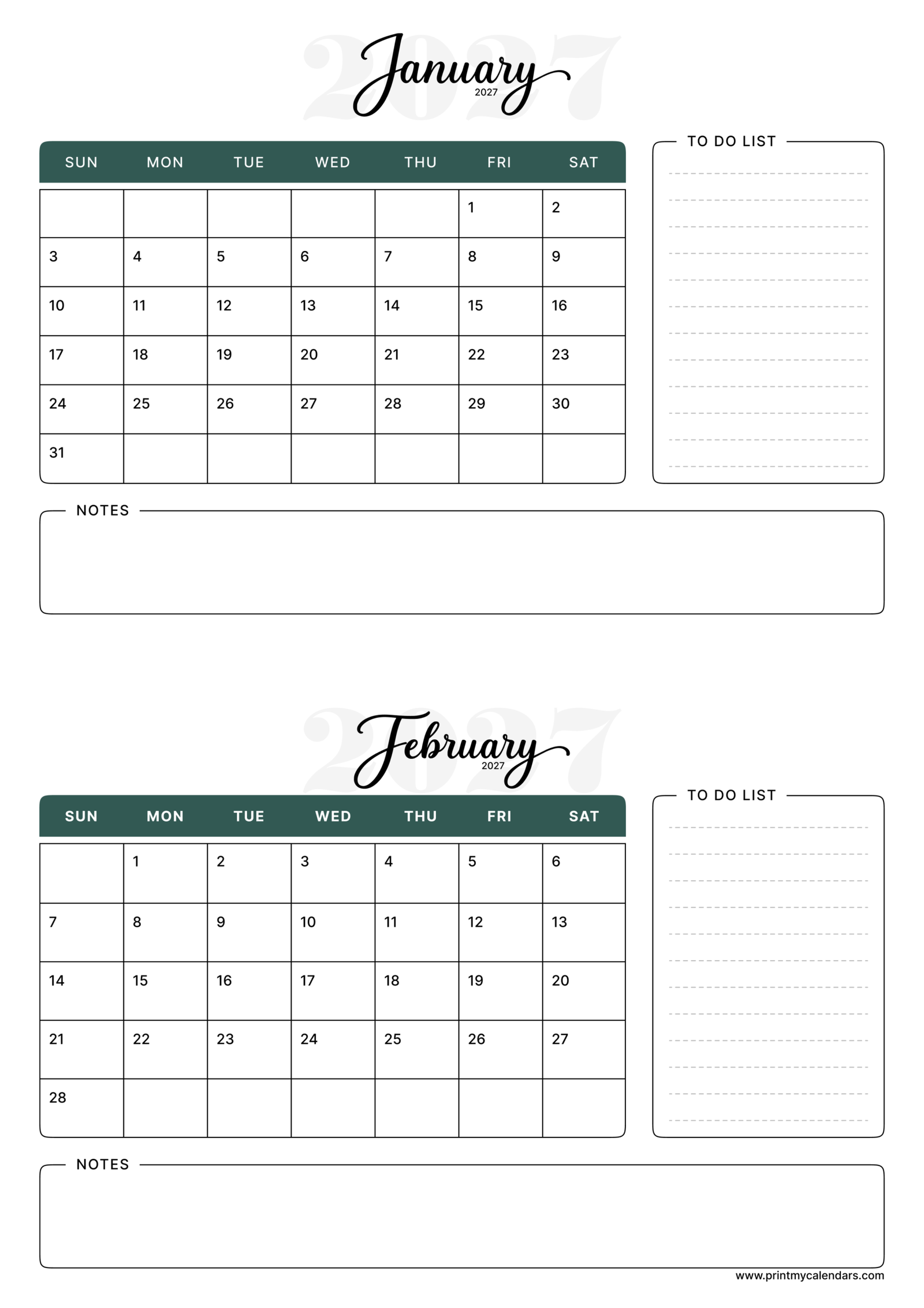 Printable Forest Notes January February calendar 2026 Portrait A4