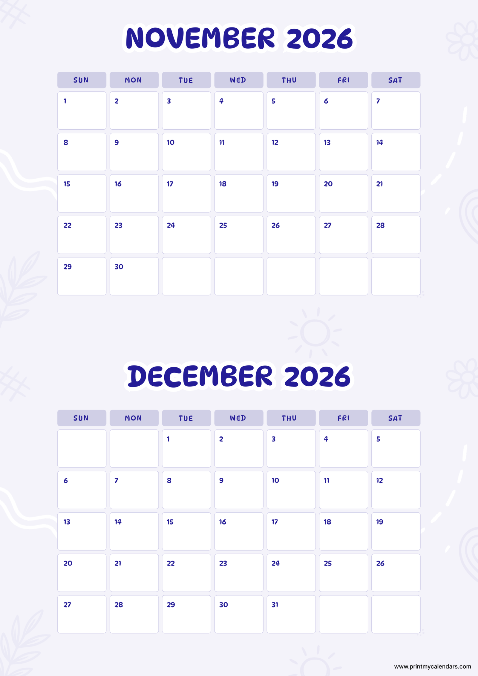 Printable Geo Dual November December calendar 2026 Portrait A4