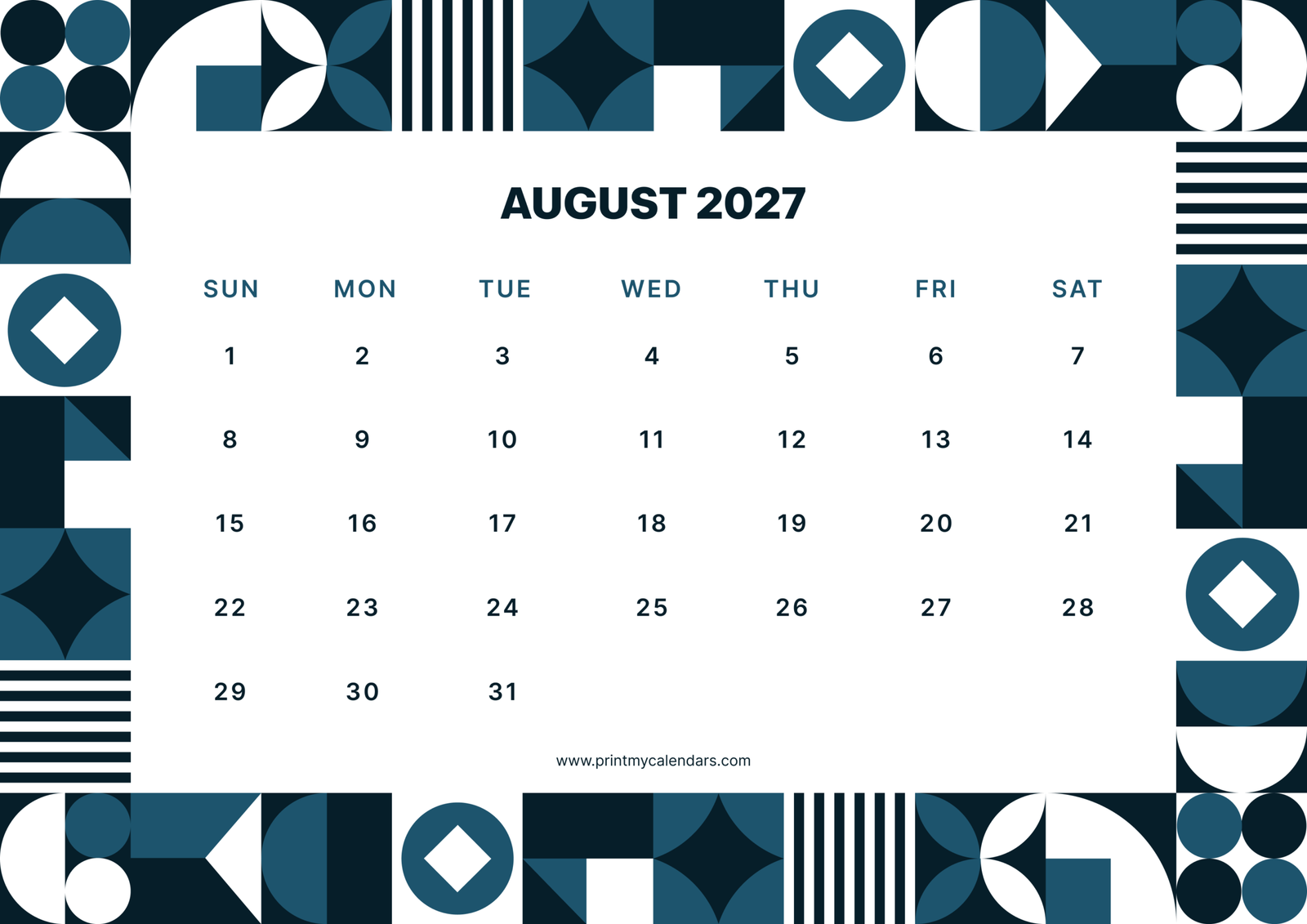 Printable Indigo Mosaic August calendar 2027 Landscape A4