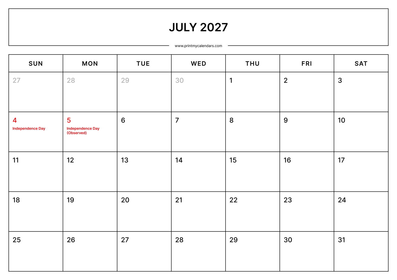 Printable July 2027 calendar with holidays Landscape - A4
