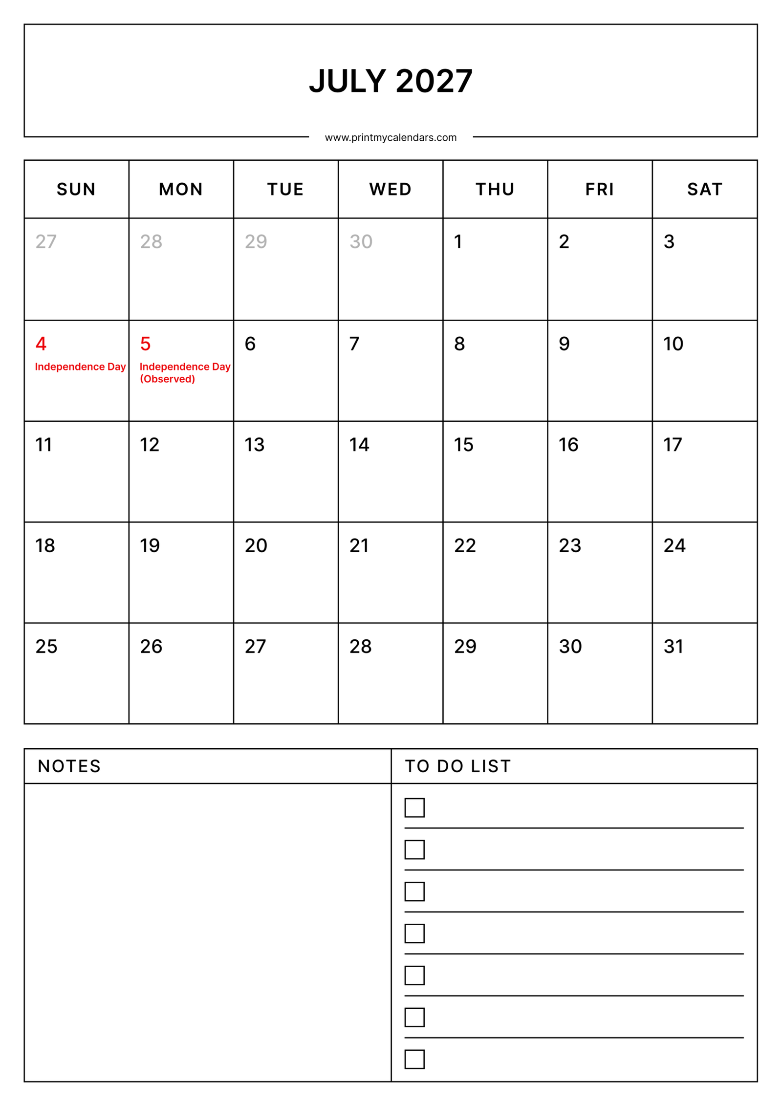 Printable July 2027 calendar with holidays Portrait - A4