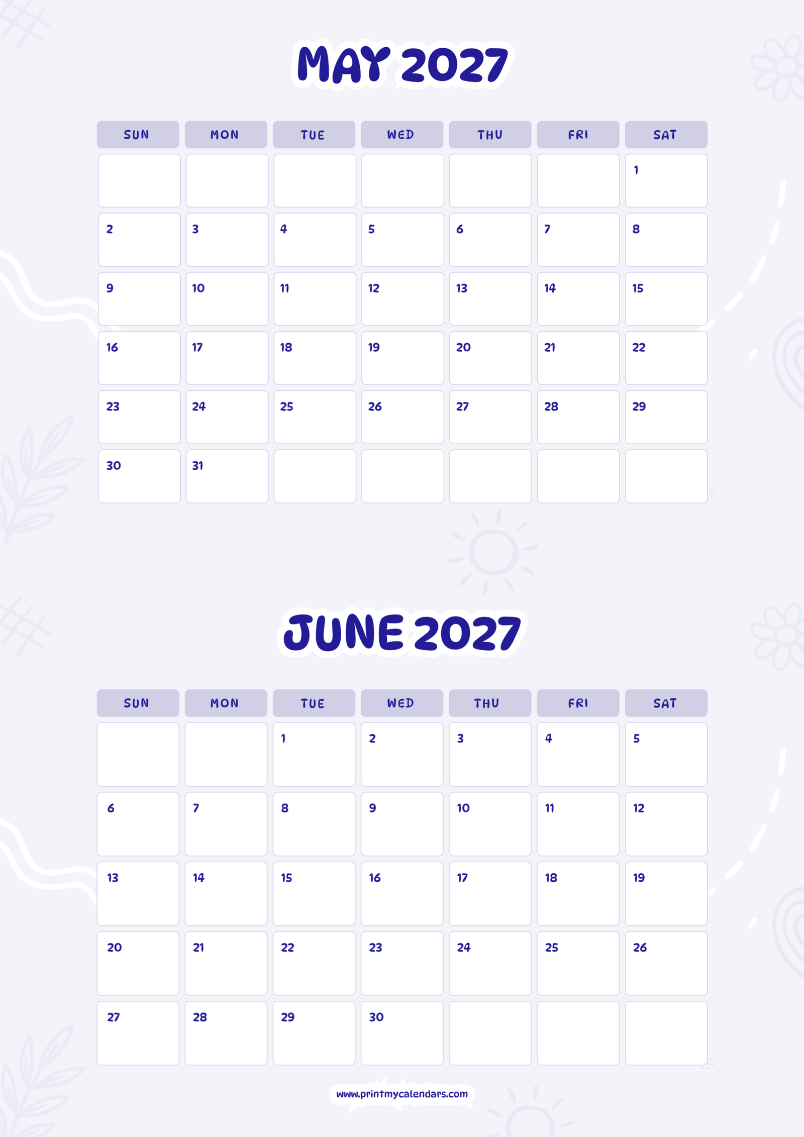 Printable Lavender Clear May June calendar 2027 Portrait A4