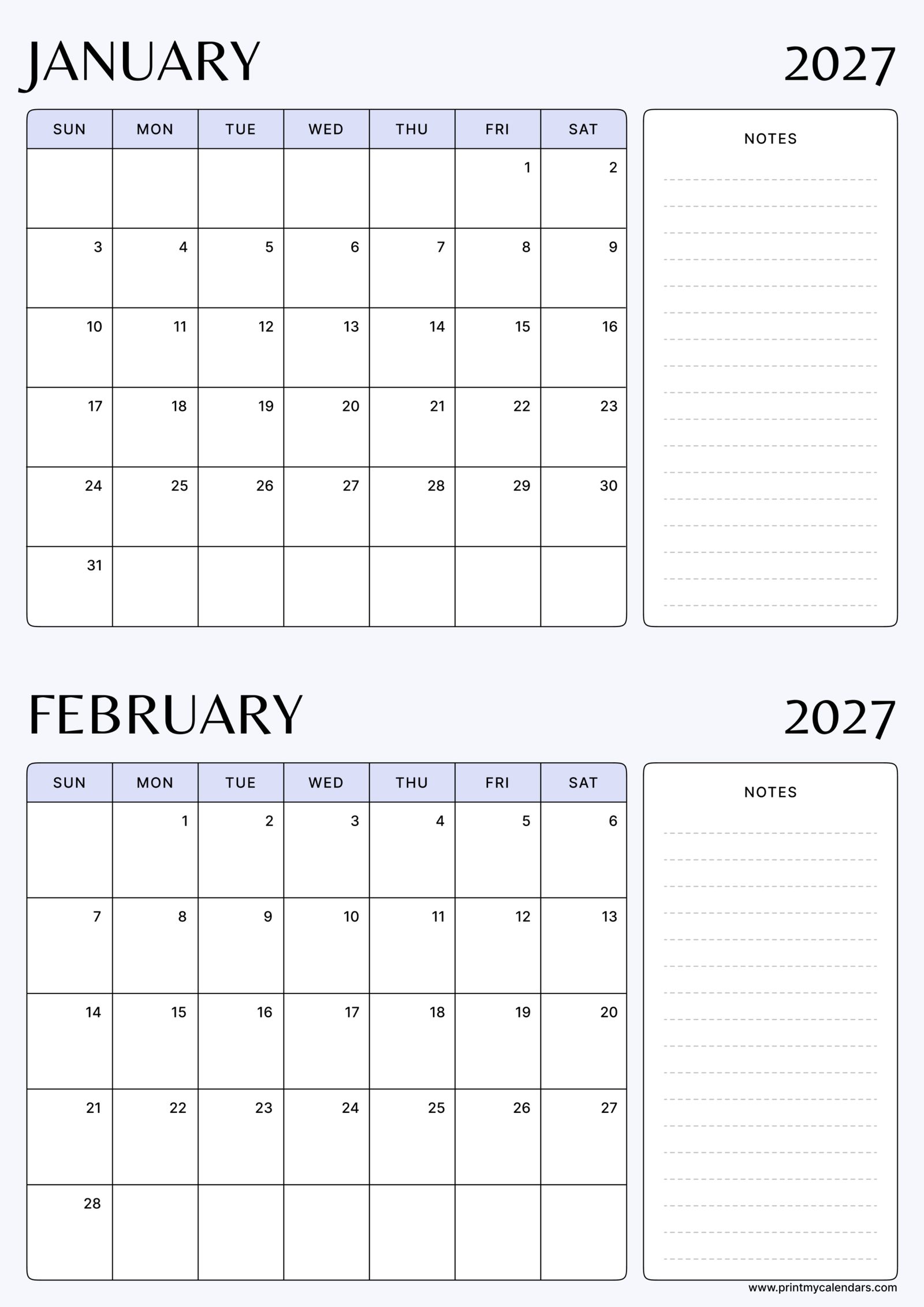 Printable Lilac Notes January February calendar 2026 Portrait A4