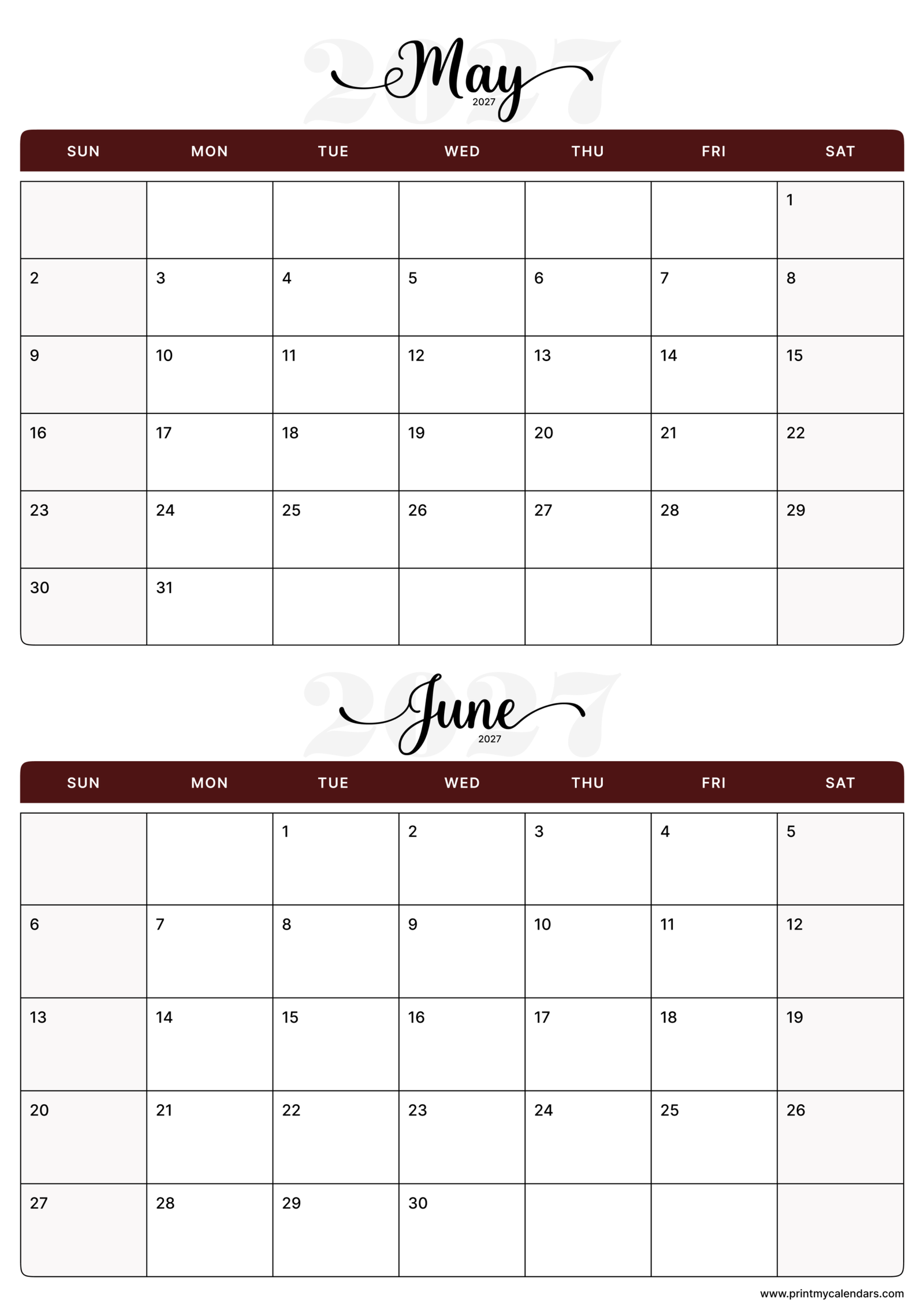 Printable Maroon Script May June calendar 2027 Portrait A4