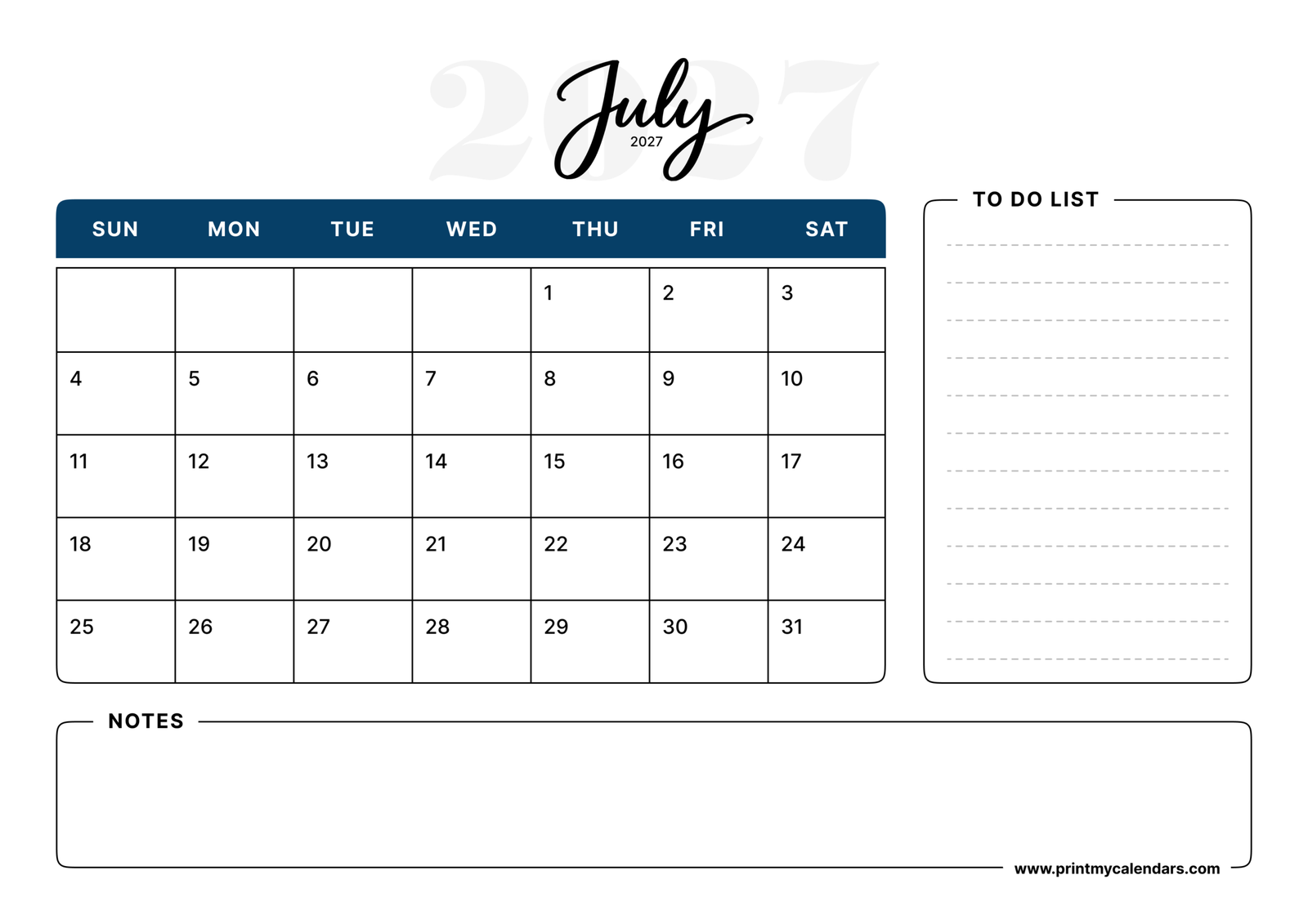 Printable Midnight Classic July calendar 2027 Landscape A4