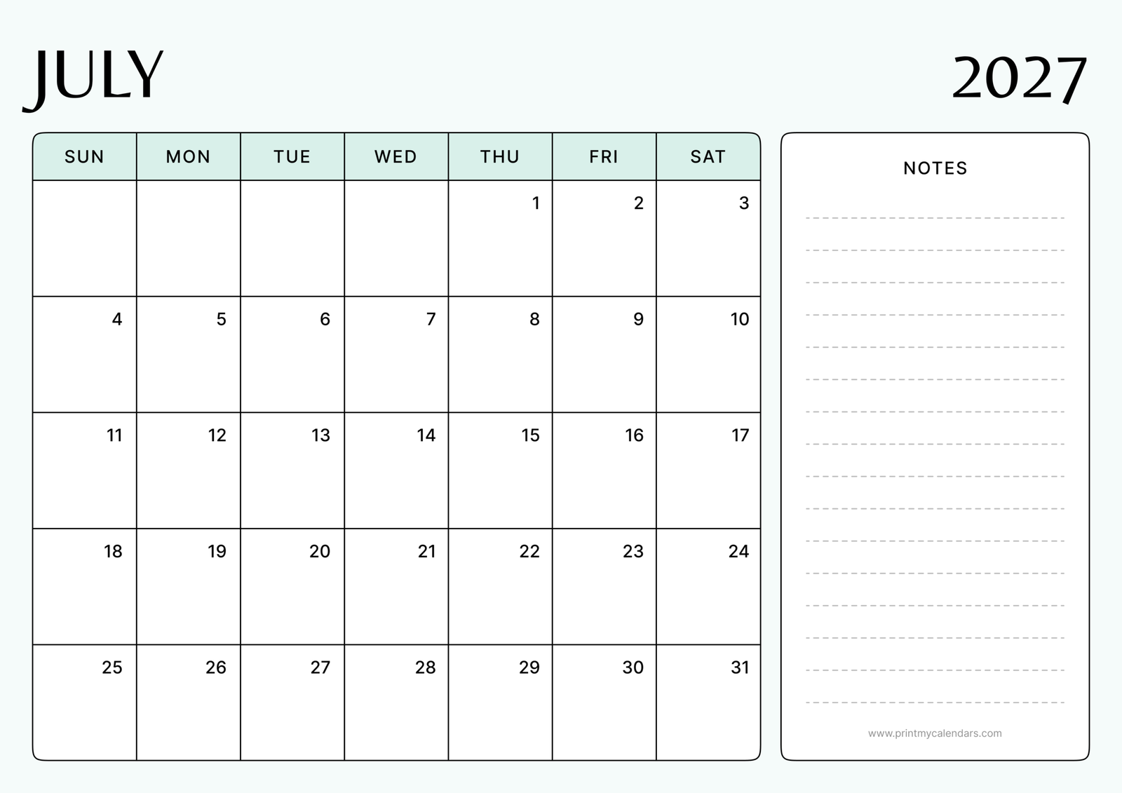 Printable Mint Minimalist July calendar 2027 Landscape A4