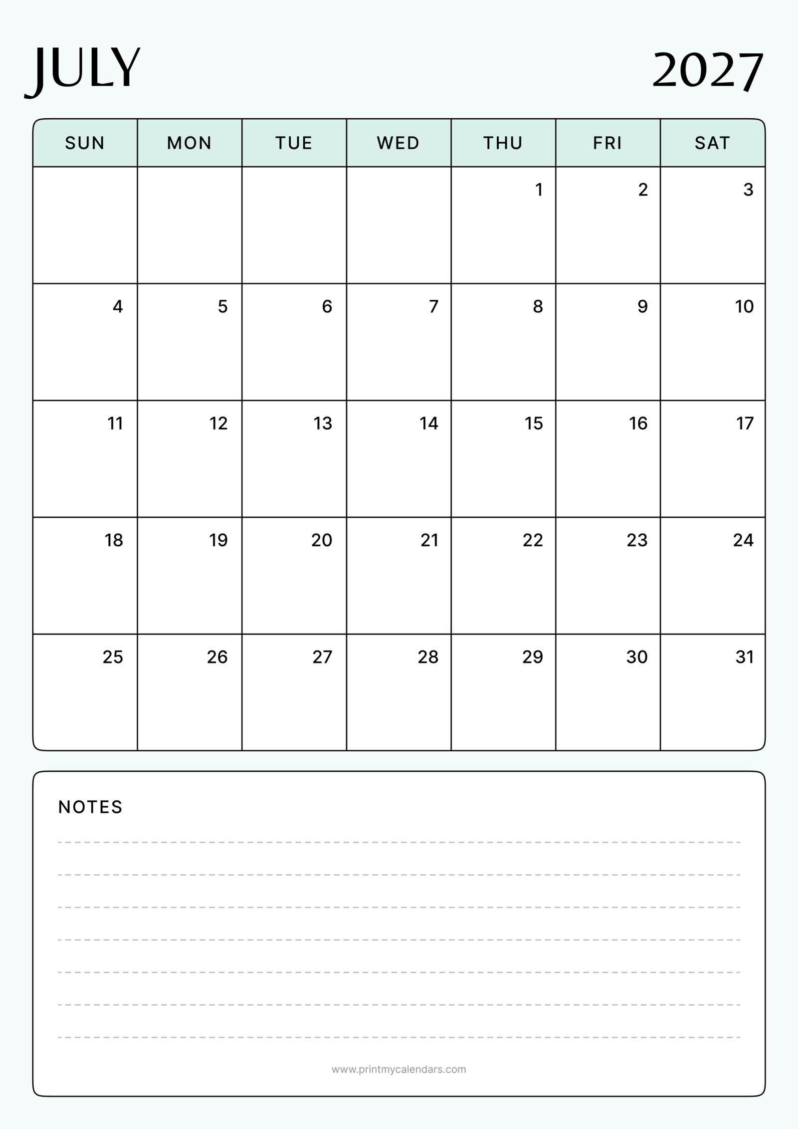 Printable Mint Minimalist July calendar 2027 Portrait A4