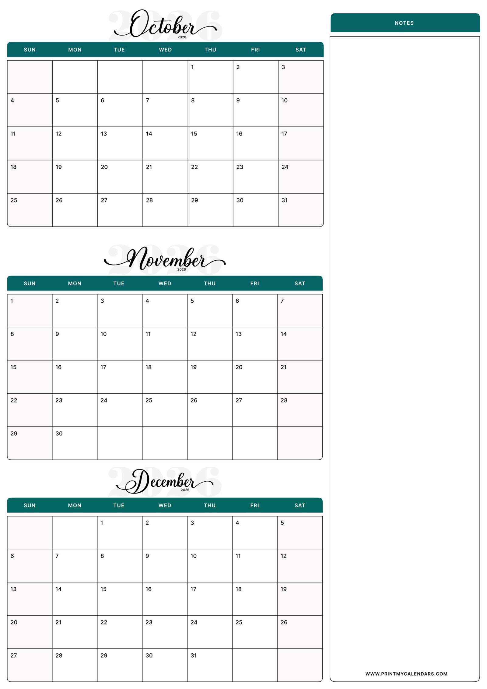 Printable Mint Professional October November December calendar 2026 Portrait A4