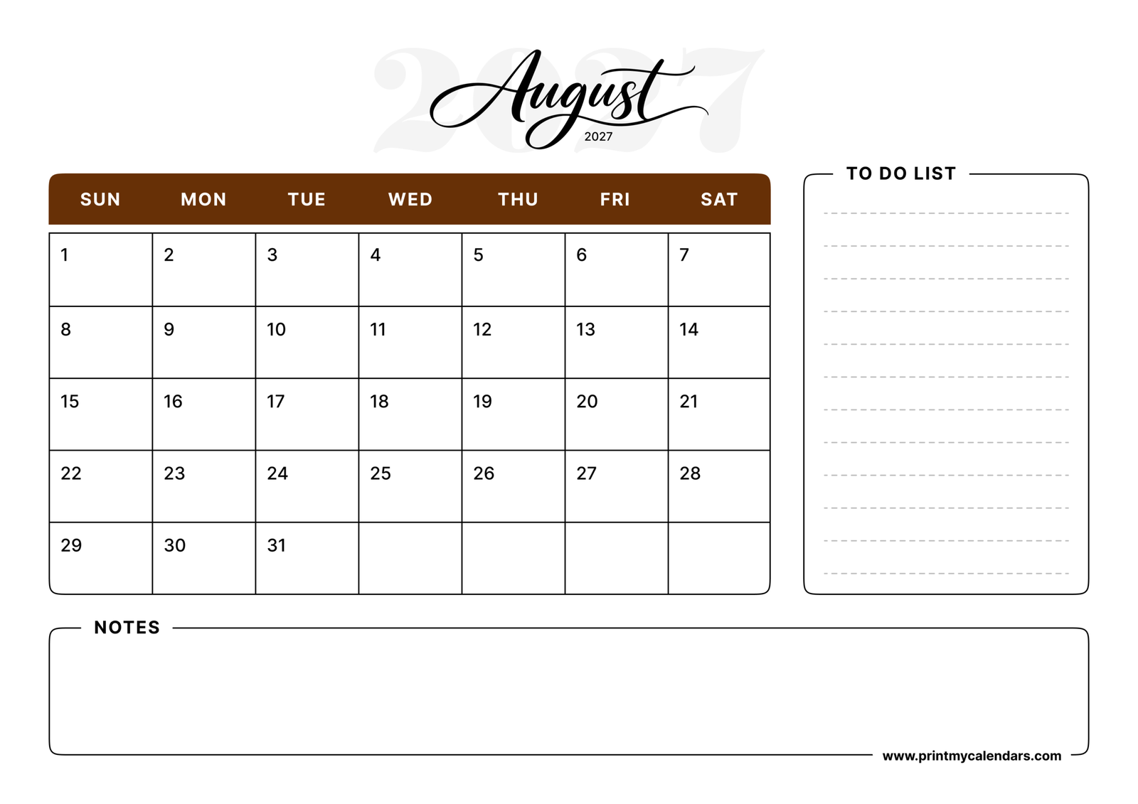 Printable Mocha Script August calendar 2027 Landscape A4