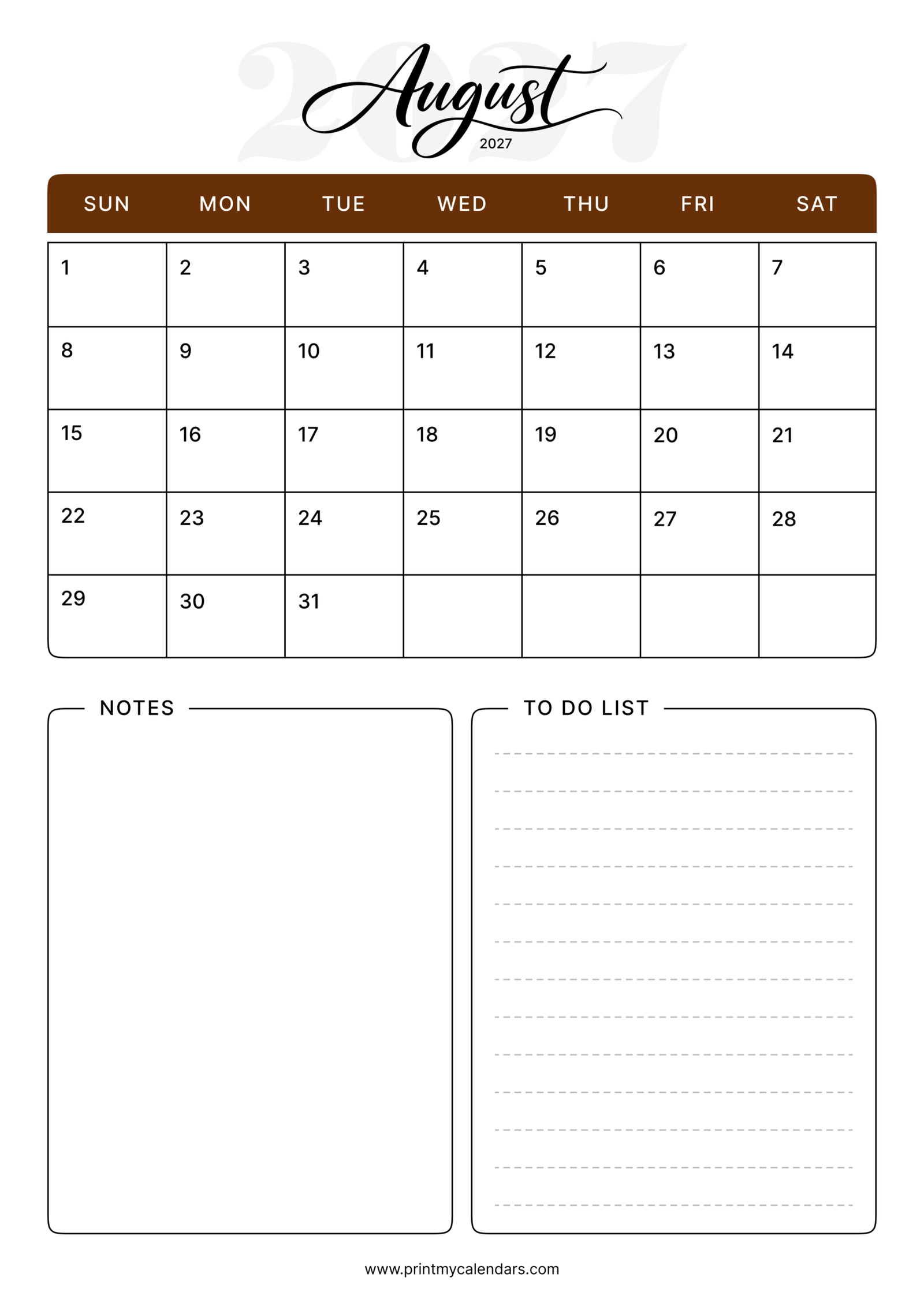 Printable Mocha Script August calendar 2027 Portrait A4