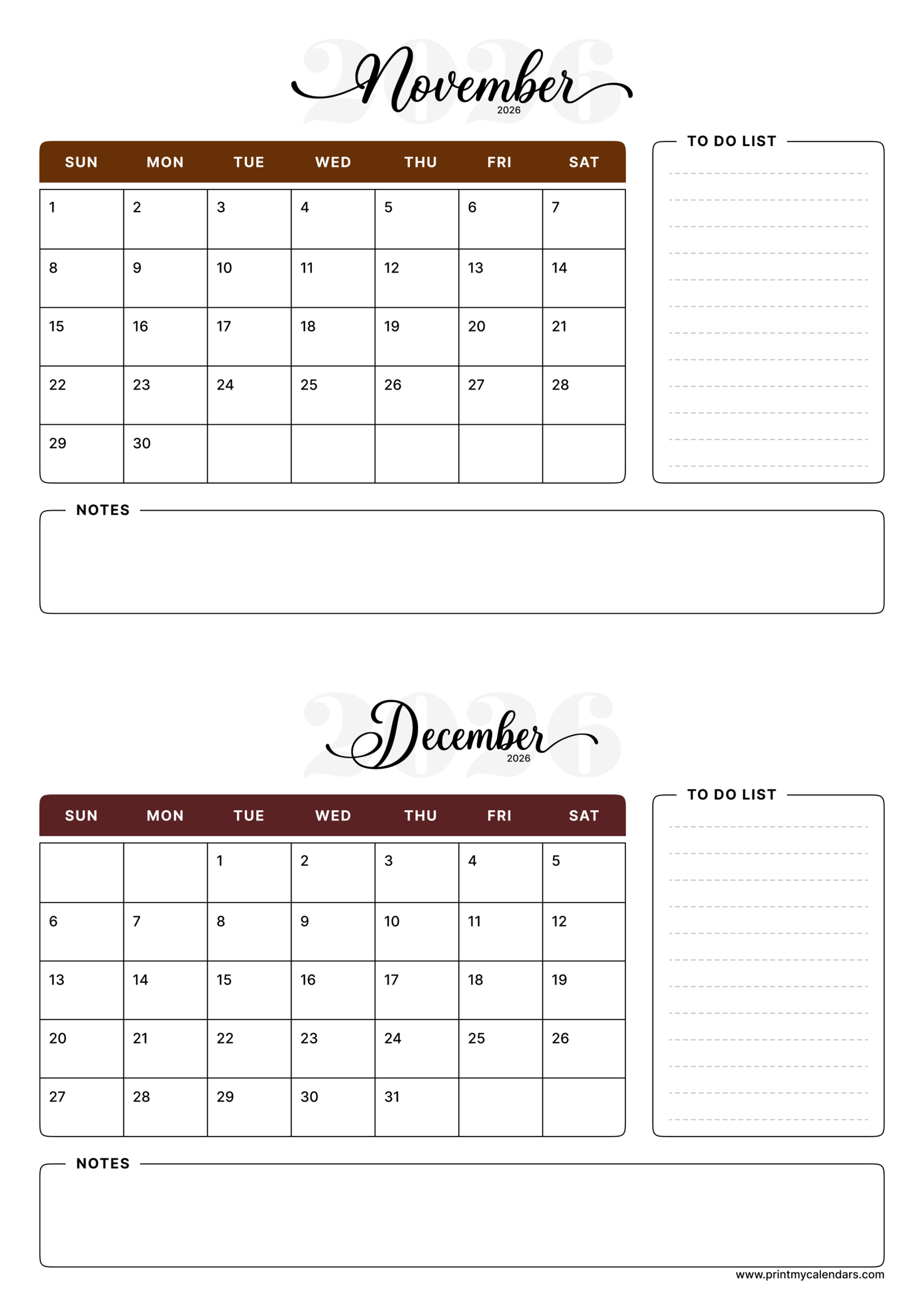 Printable Mocha Script November December calendar 2026 Portrait A4