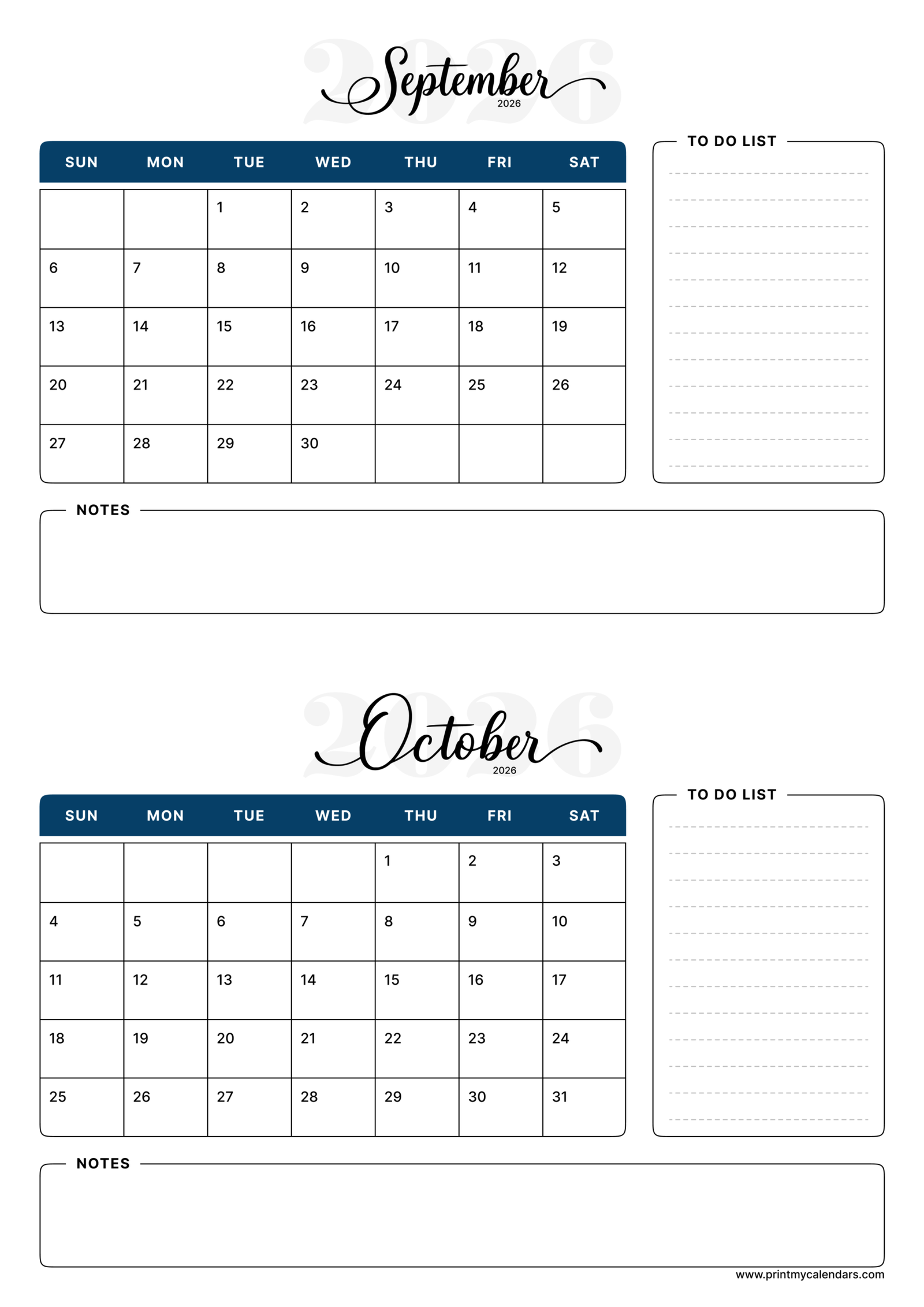 Printable Navy Executive September October calendar 2026 Portrait A4