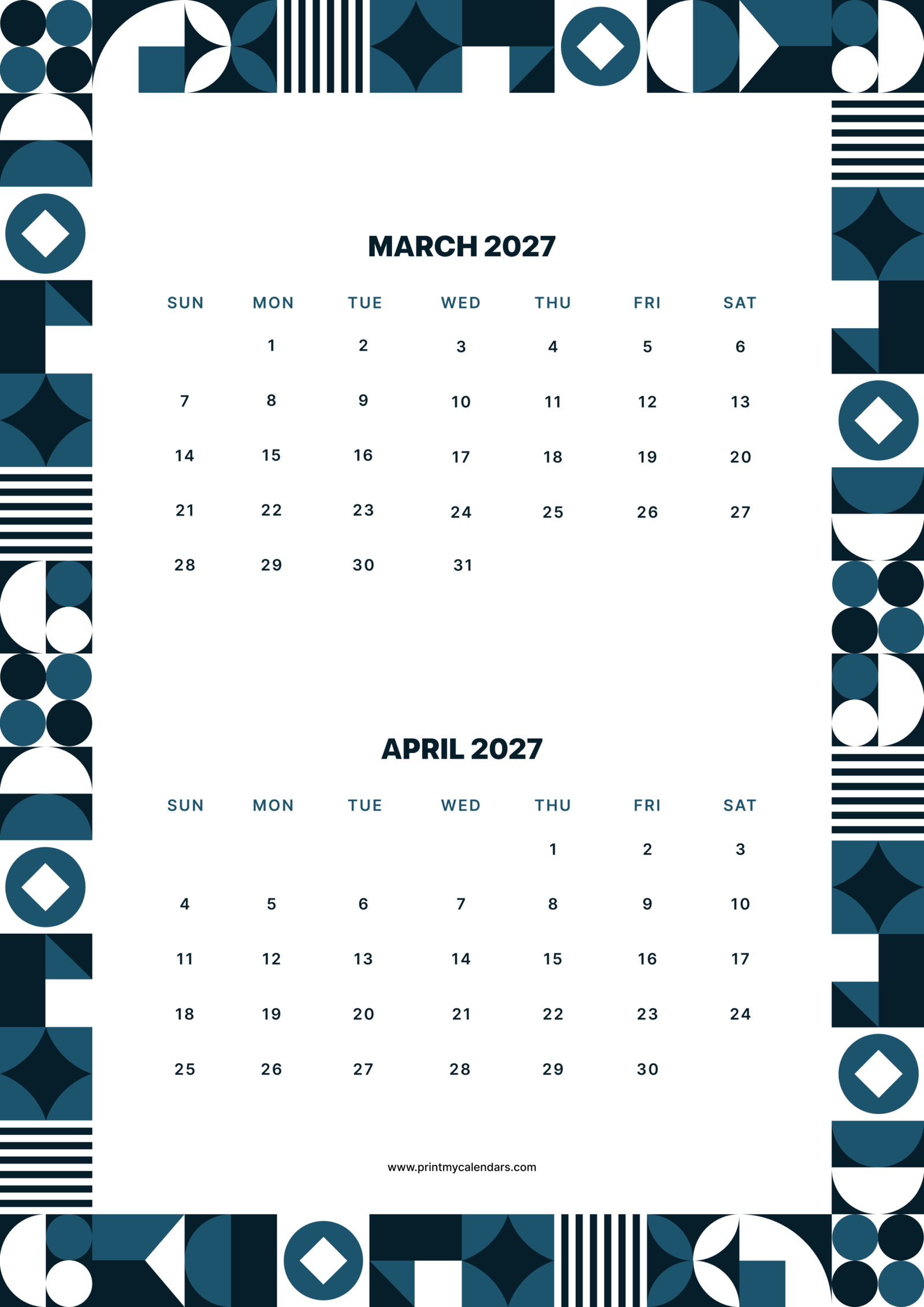 Printable Navy Mosaic March April calendar 2027 Portrait A4