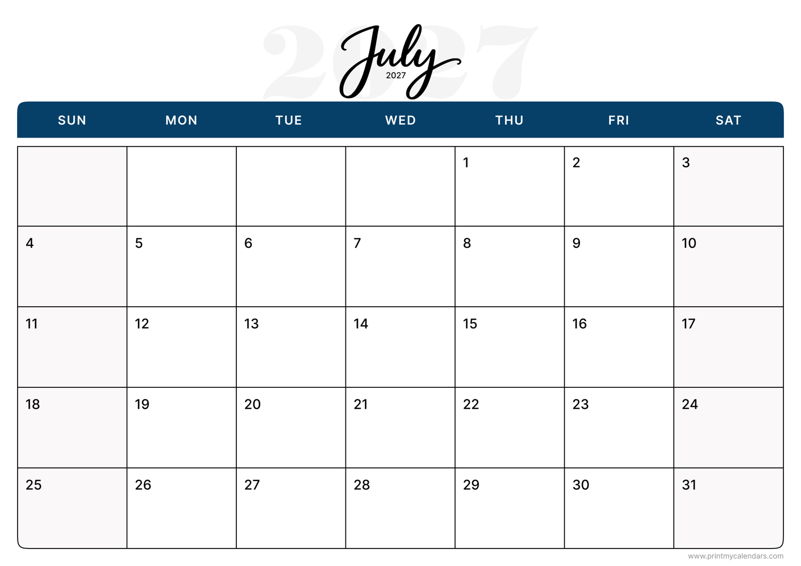 Printable Navy Script Elegance July calendar 2027 Landscape A4