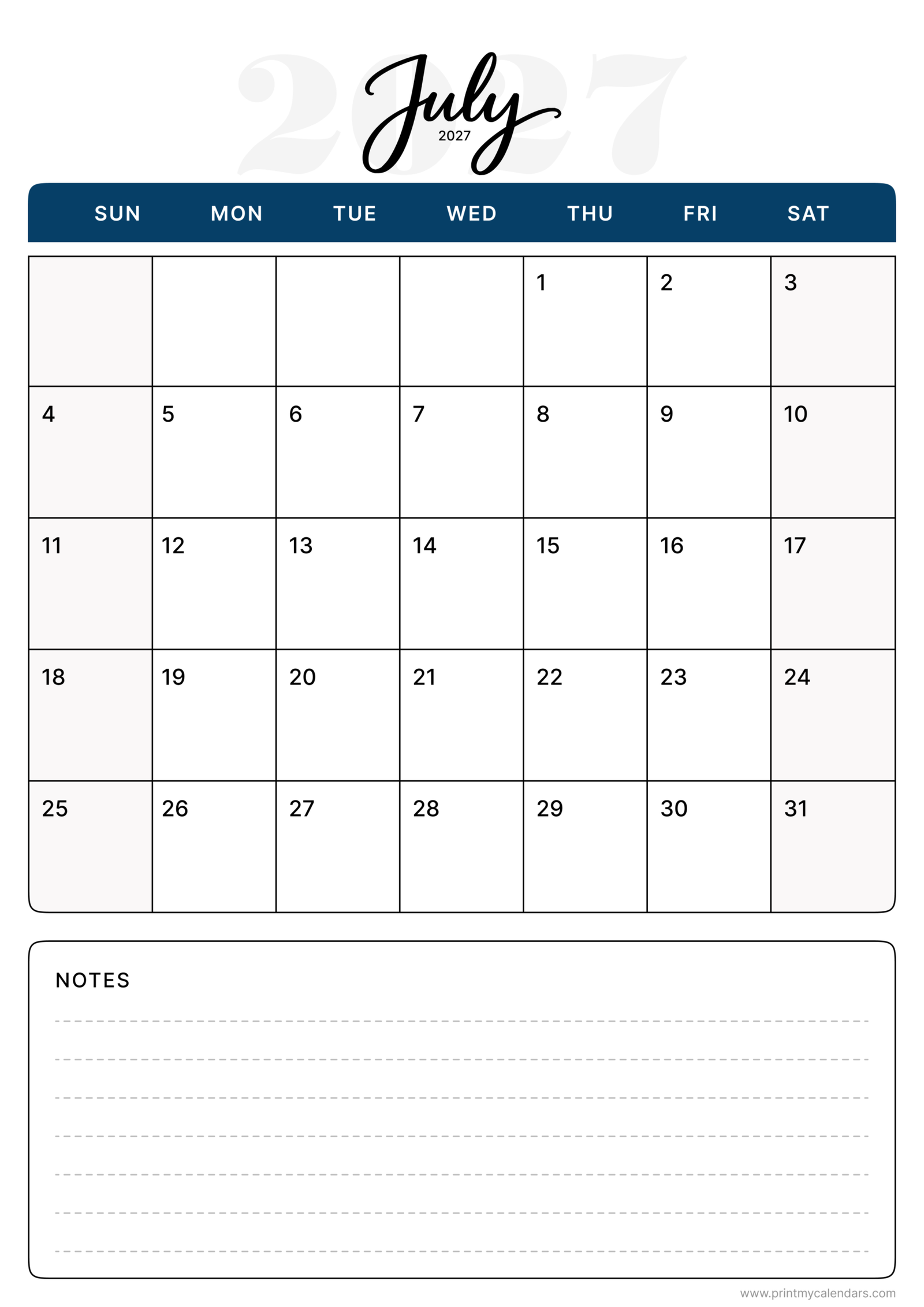 Printable Navy Script Elegance July calendar 2027 Portrait A4