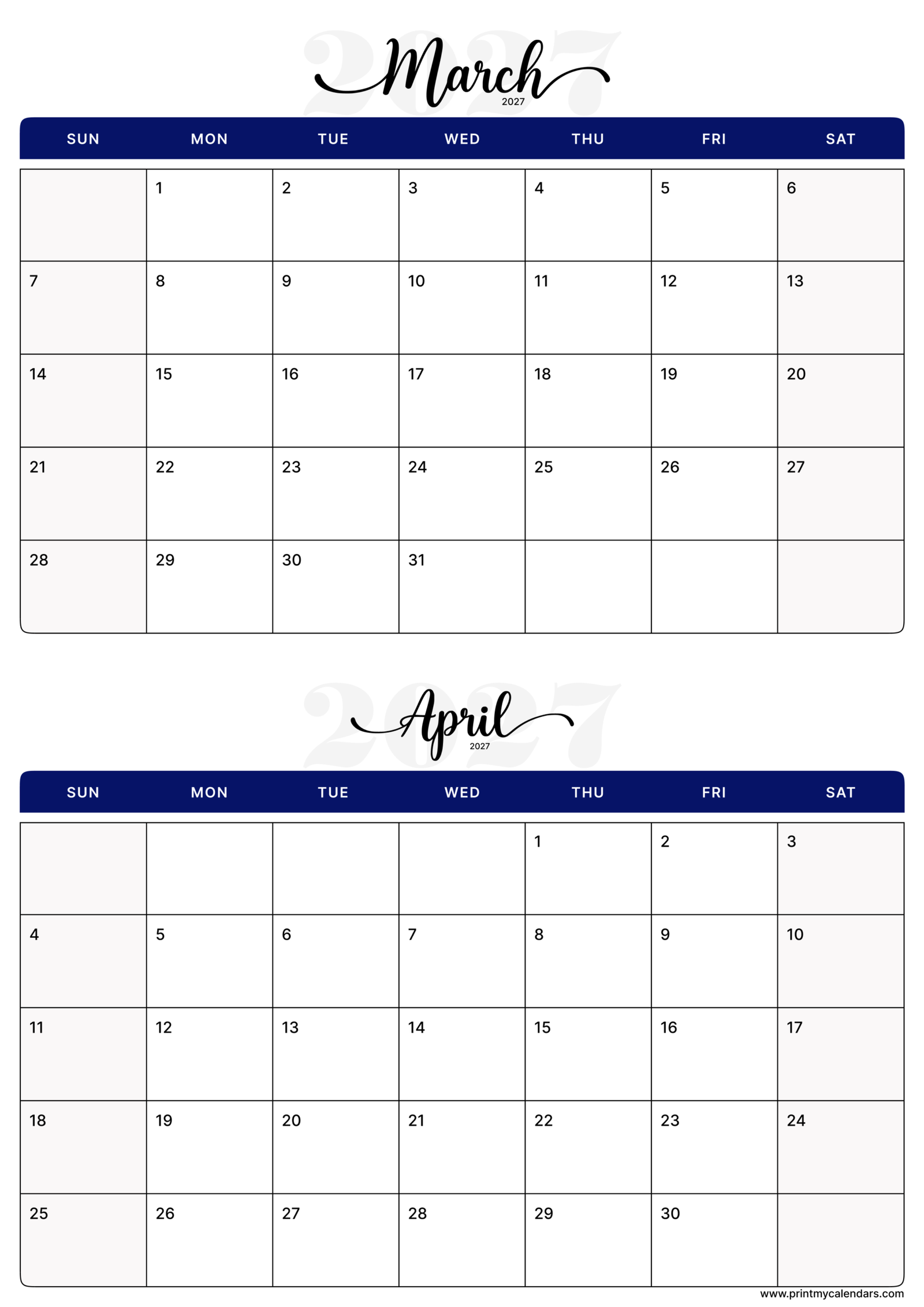 Printable Navy Script March April calendar 2027 Portrait A4