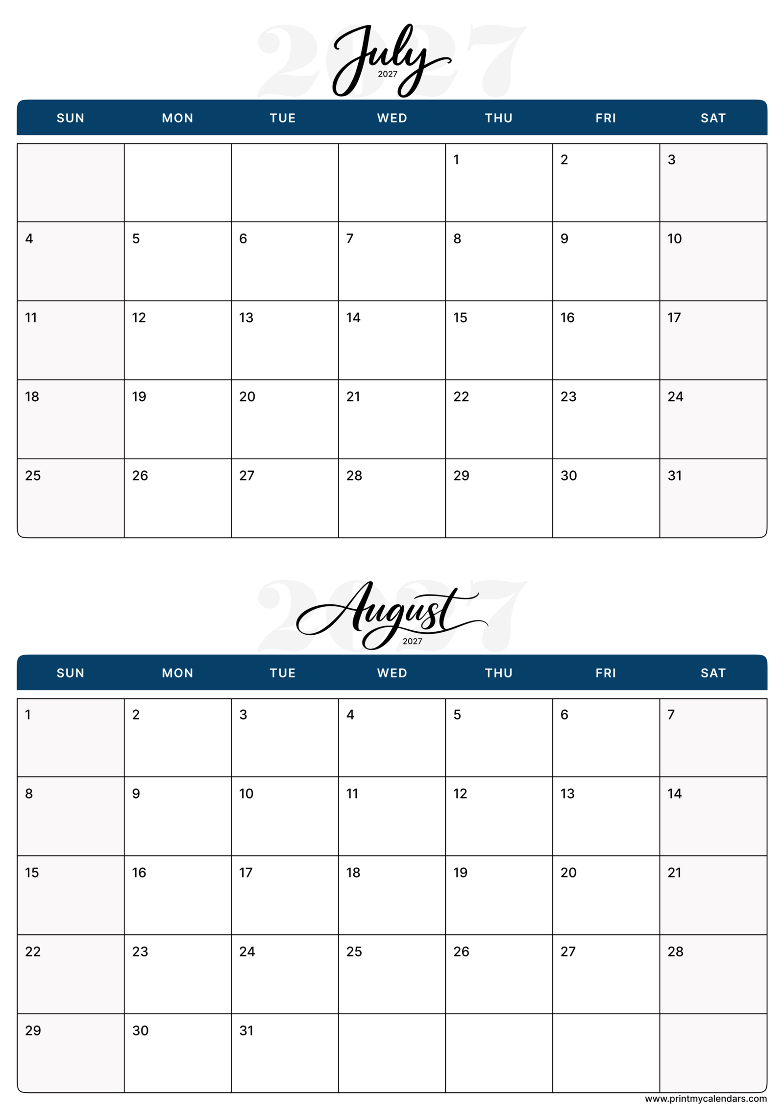 Printable Ocean Classic July August calendar 2027 Portrait A4