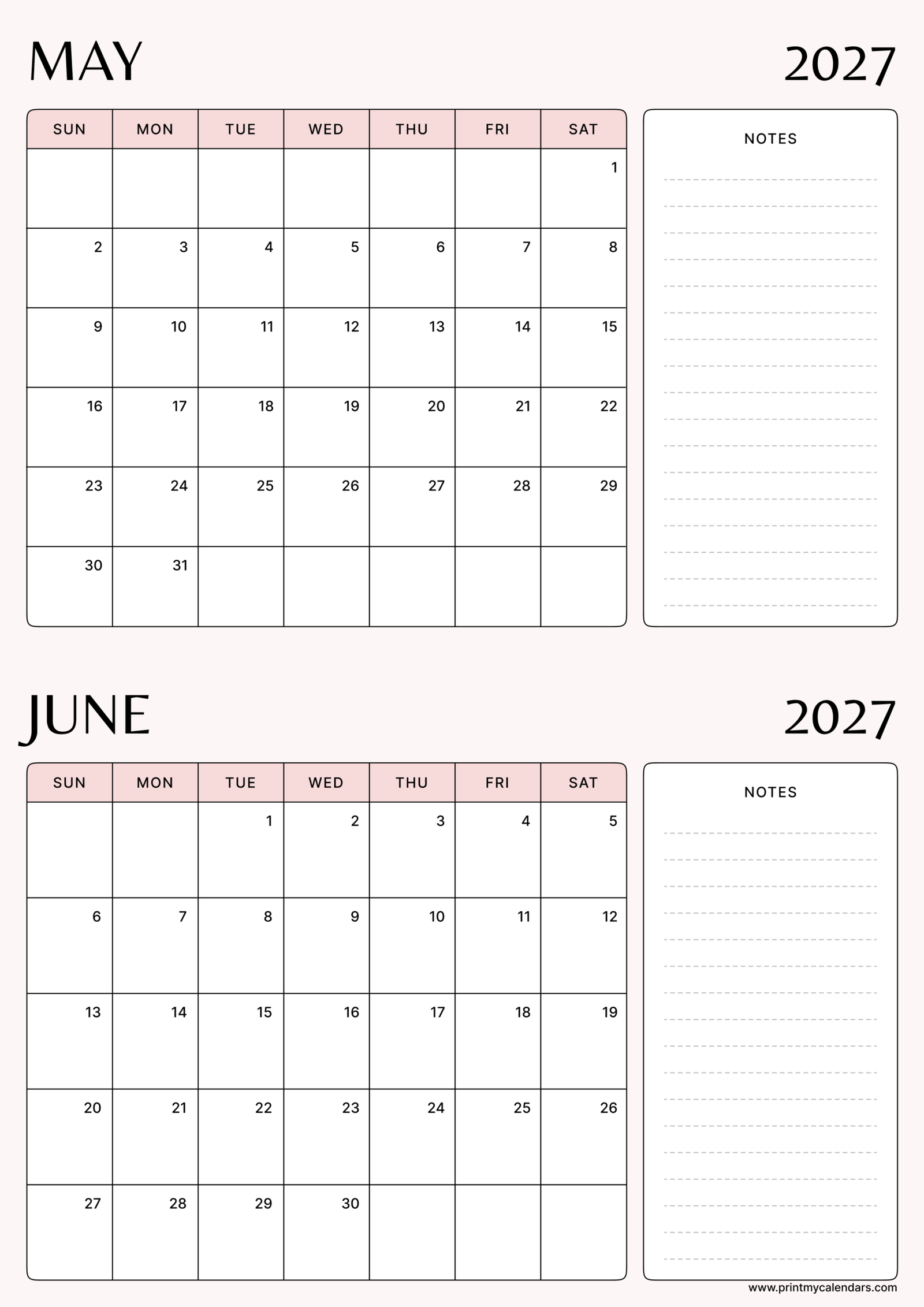 Printable Peach Notes May June calendar 2027 Portrait A4