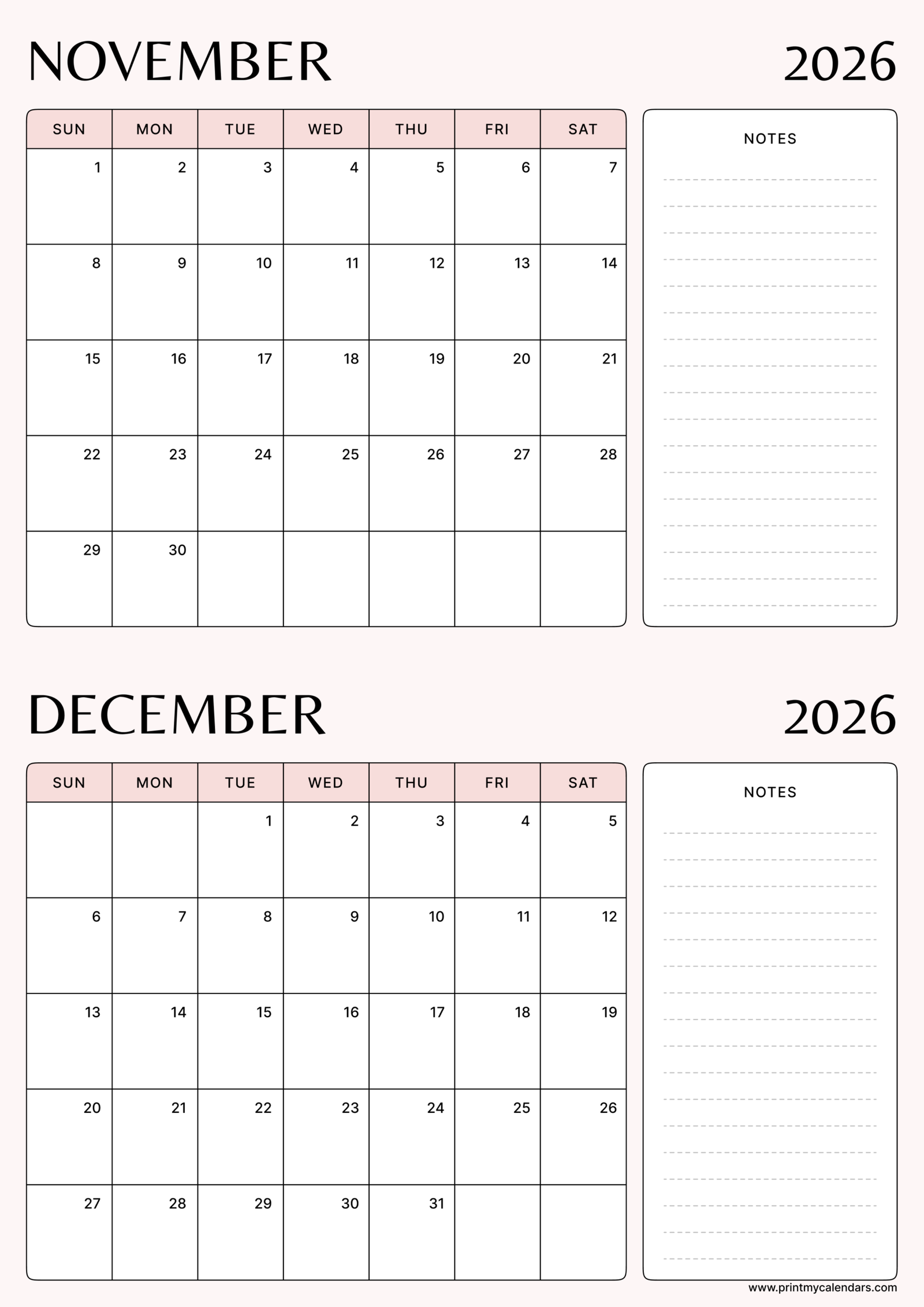 Printable Peach Notes November December calendar 2026 Portrait A4
