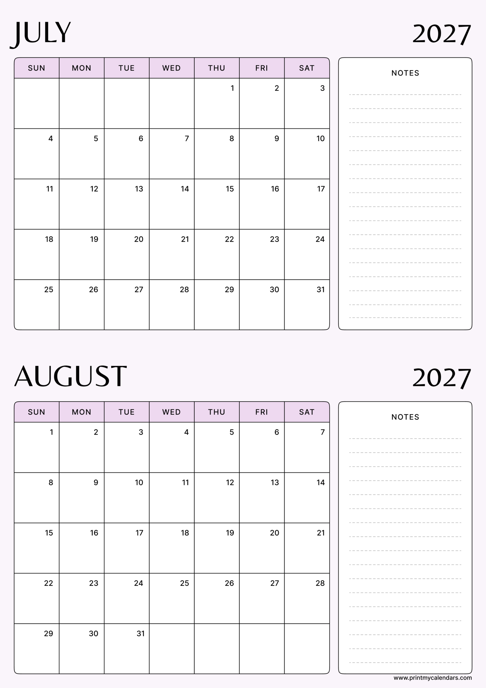 Printable Petal Grid July August calendar 2027 Portrait A4