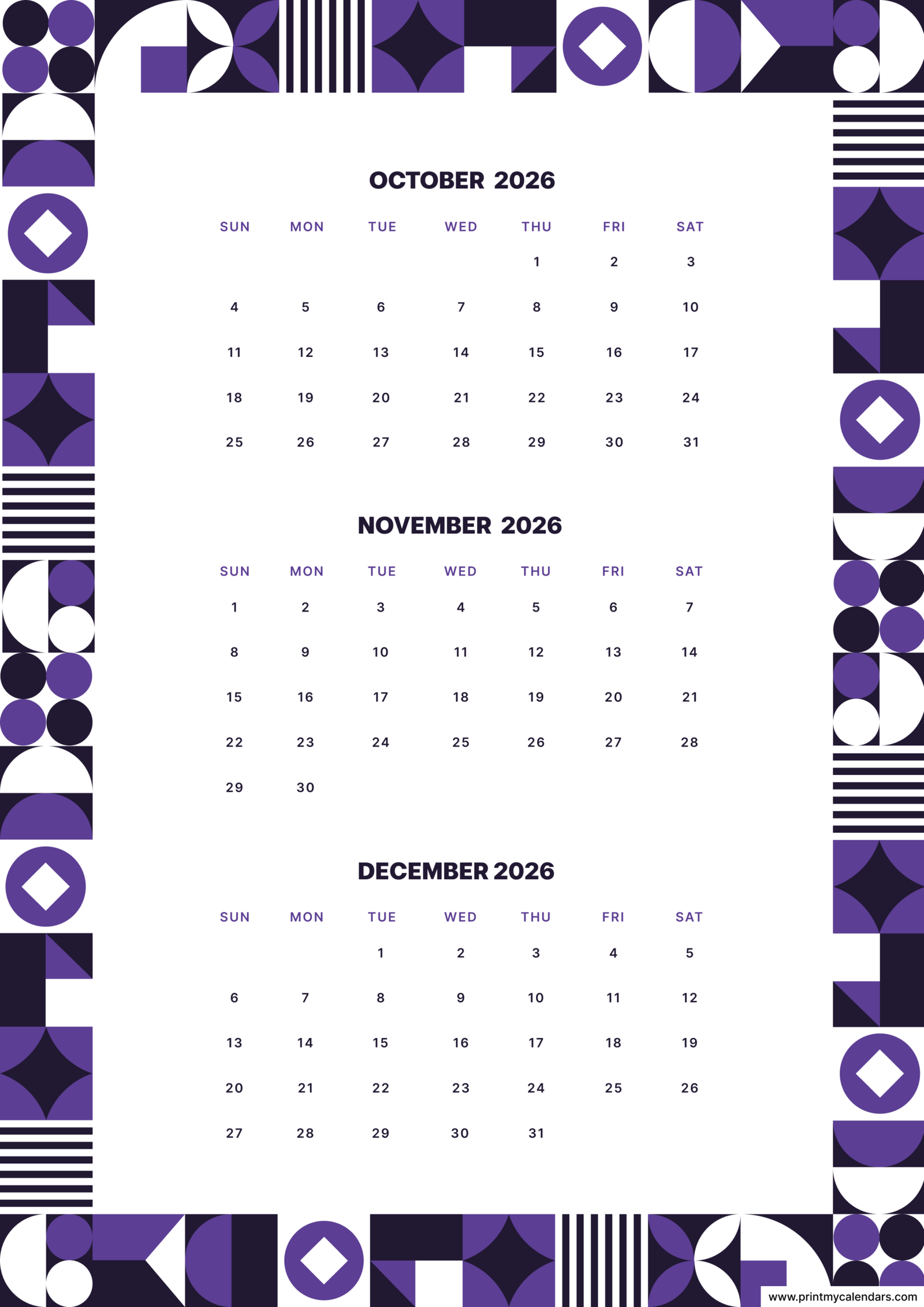 Printable Purple Mosaic October November December calendar 2026 Portrait A4