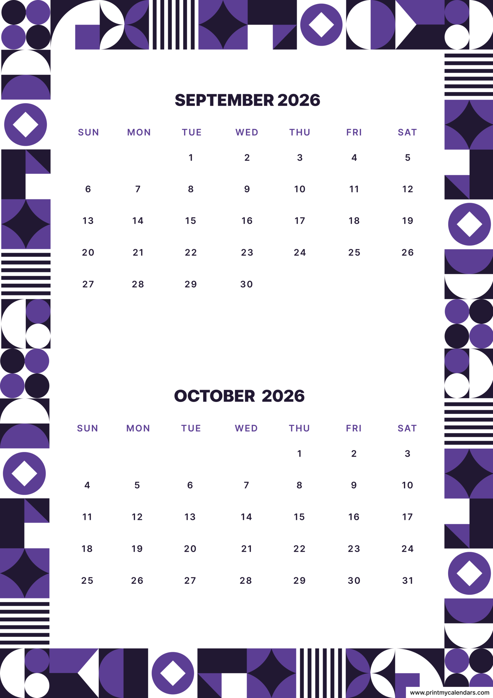Printable Purple Mosaic September October calendar 2026 Portrait A4
