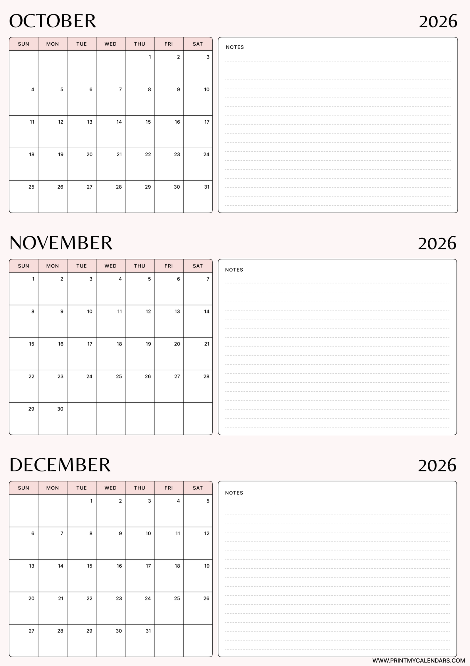 Printable Rose Note Taker October November December calendar 2026 Portrait A4