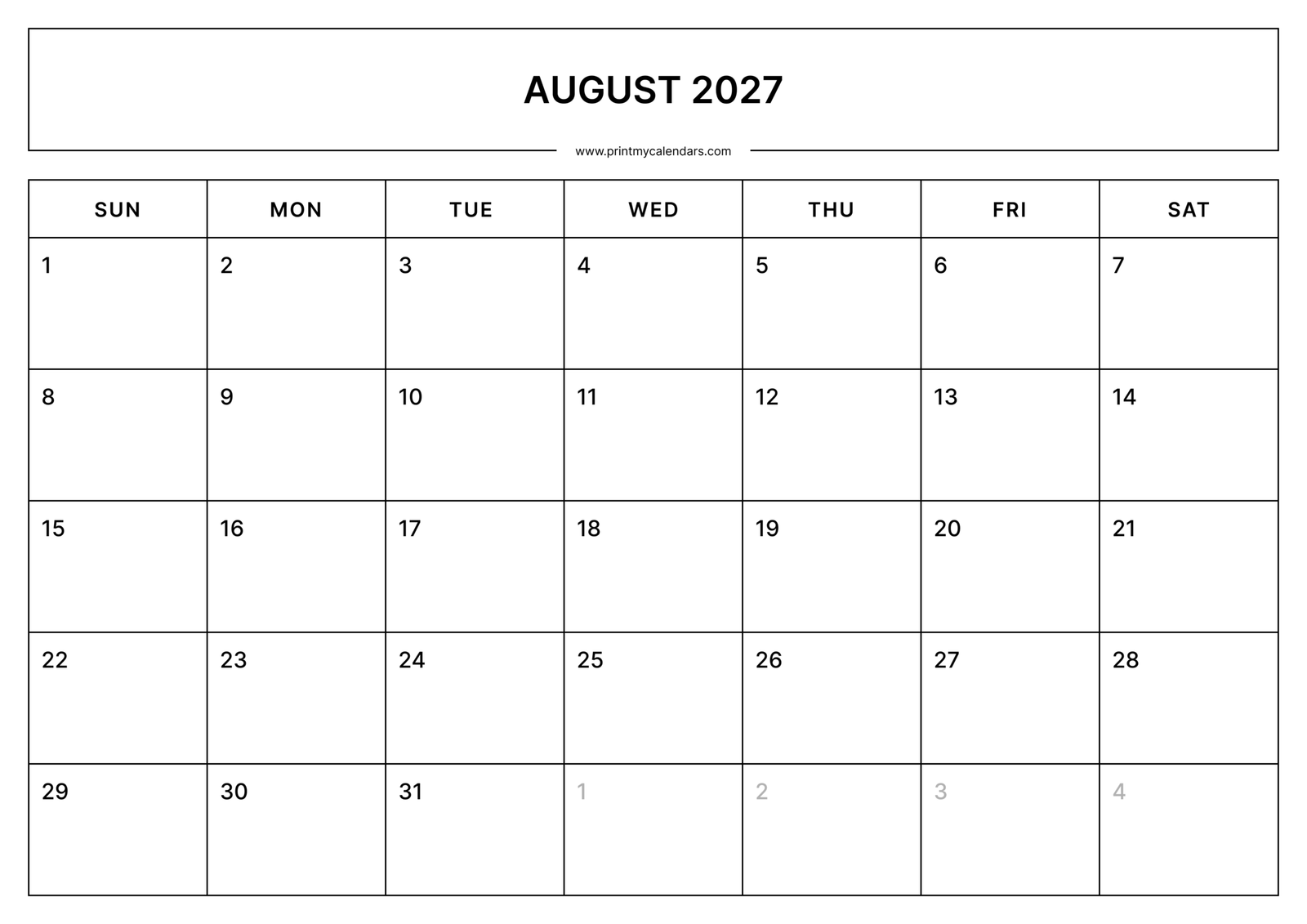 Printable Simple August calendar 2027 Landscape A4