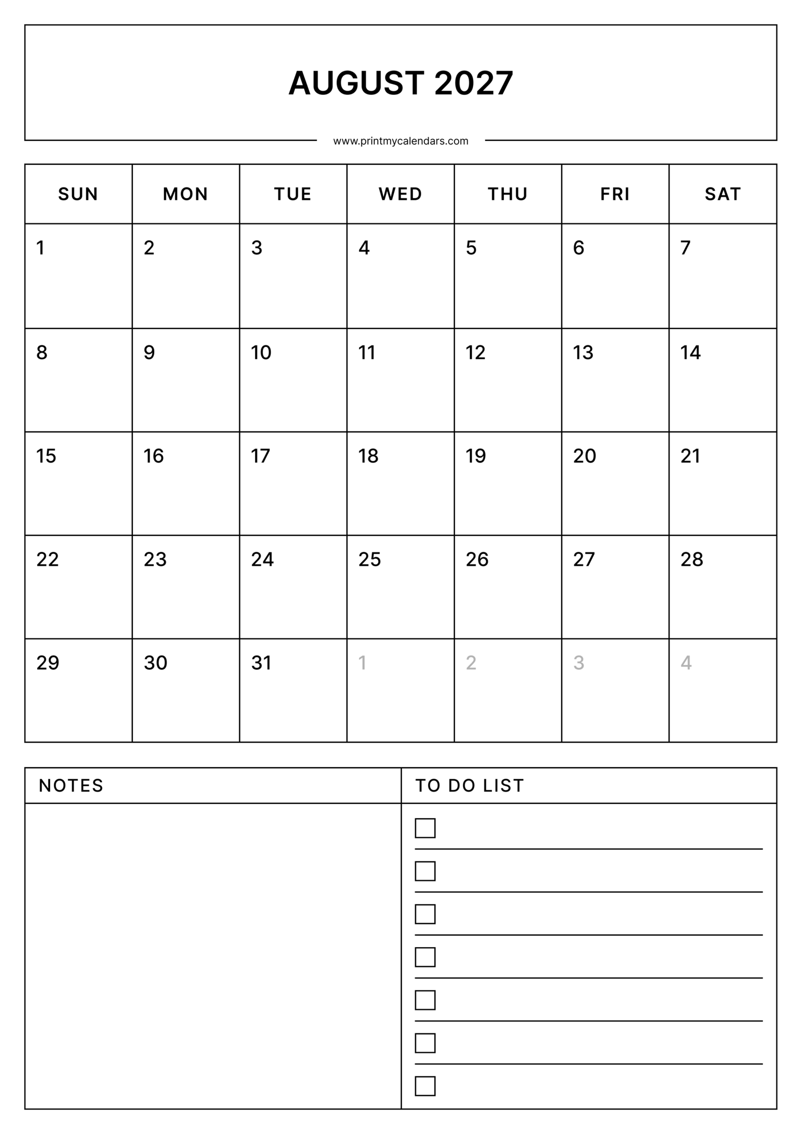Printable Simple August calendar 2027 Portrait A4
