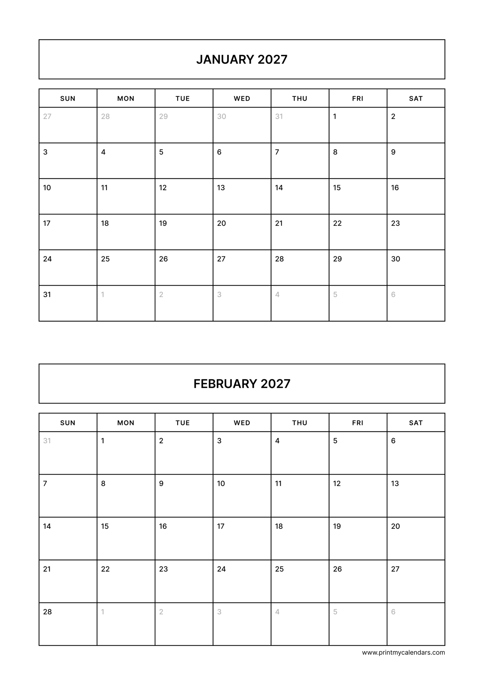 Printable Simple January February calendar 2026 Portrait A4