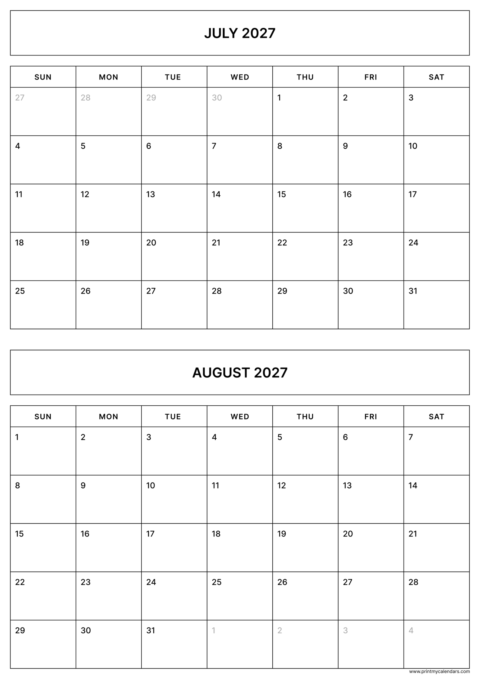 Printable Simple July August calendar 2027 Portrait A4