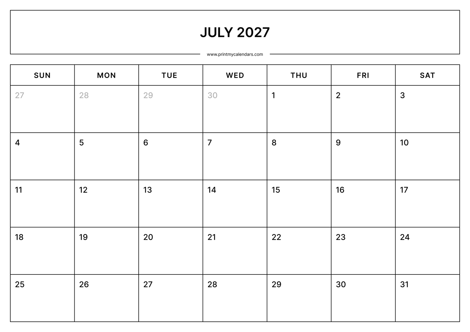 Printable Simple July calendar 2027 Landscape A4