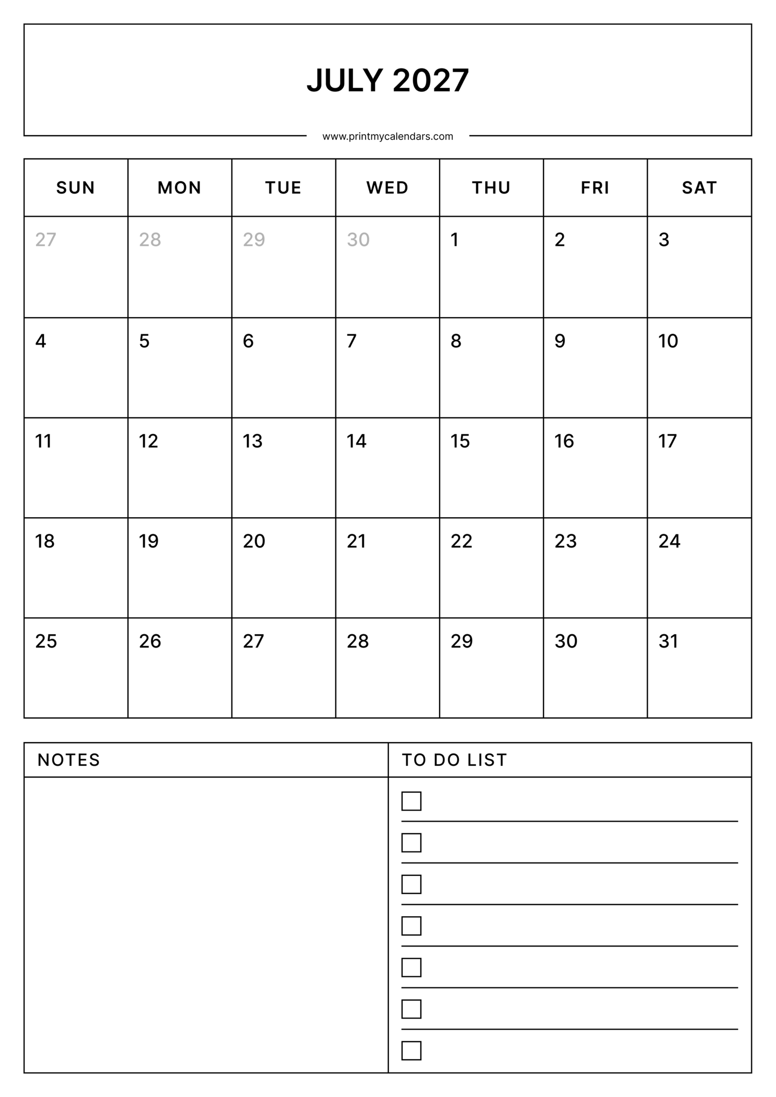 Printable Simple July calendar 2027 Portrait A4