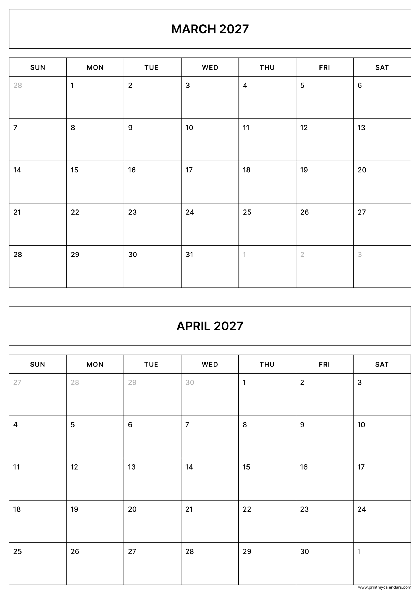 Printable Simple March April calendar 2027 Portrait A4