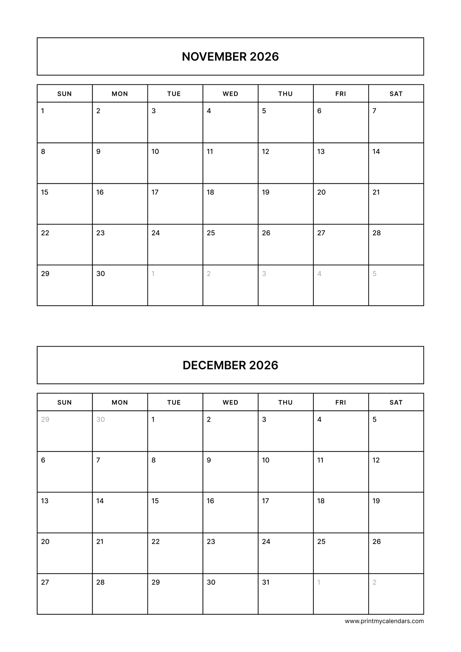 Printable Simple November December calendar 2026 Portrait A4
