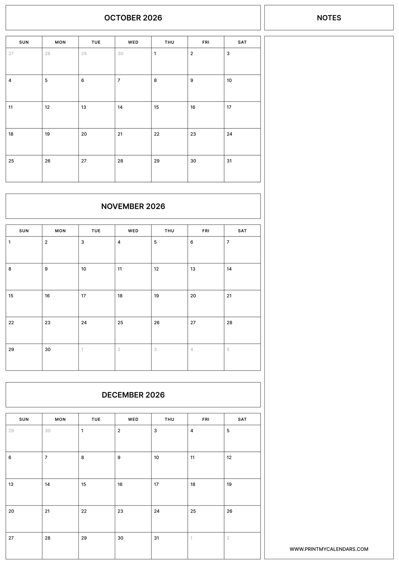 Free Printable October November December 2026 Calendar (Aesthetic, PDF)