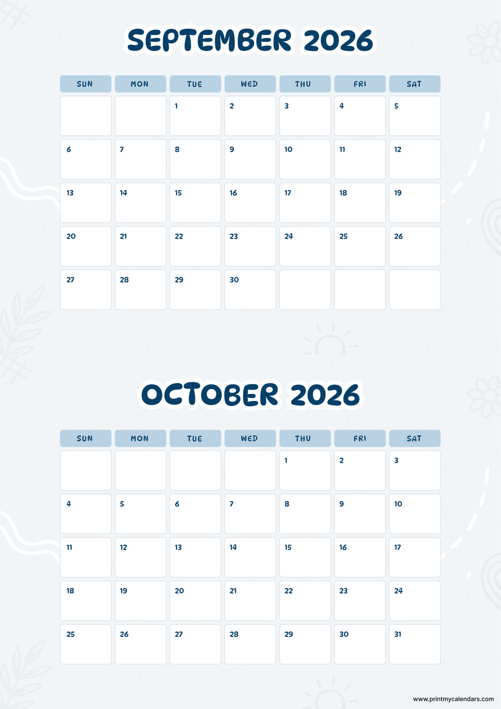 Printable Skyline Grid September October calendar 2026 Portrait A4