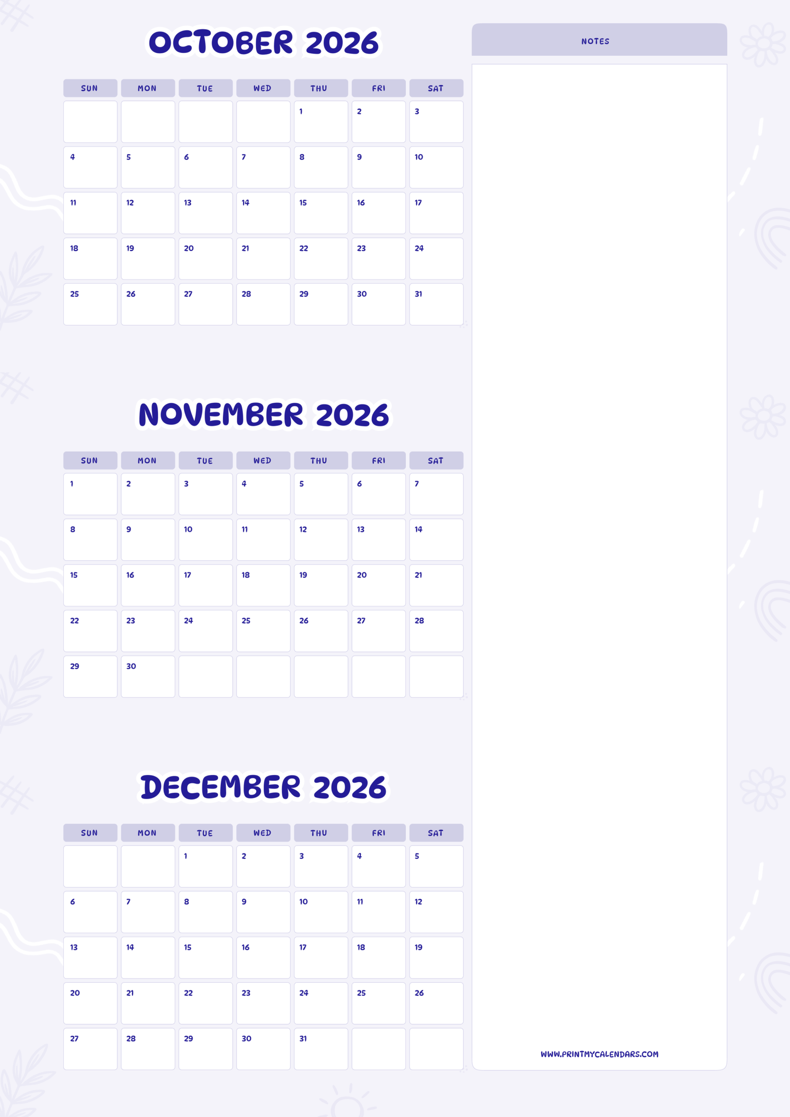 Printable Structured Violet October November December calendar 2026 Portrait A4
