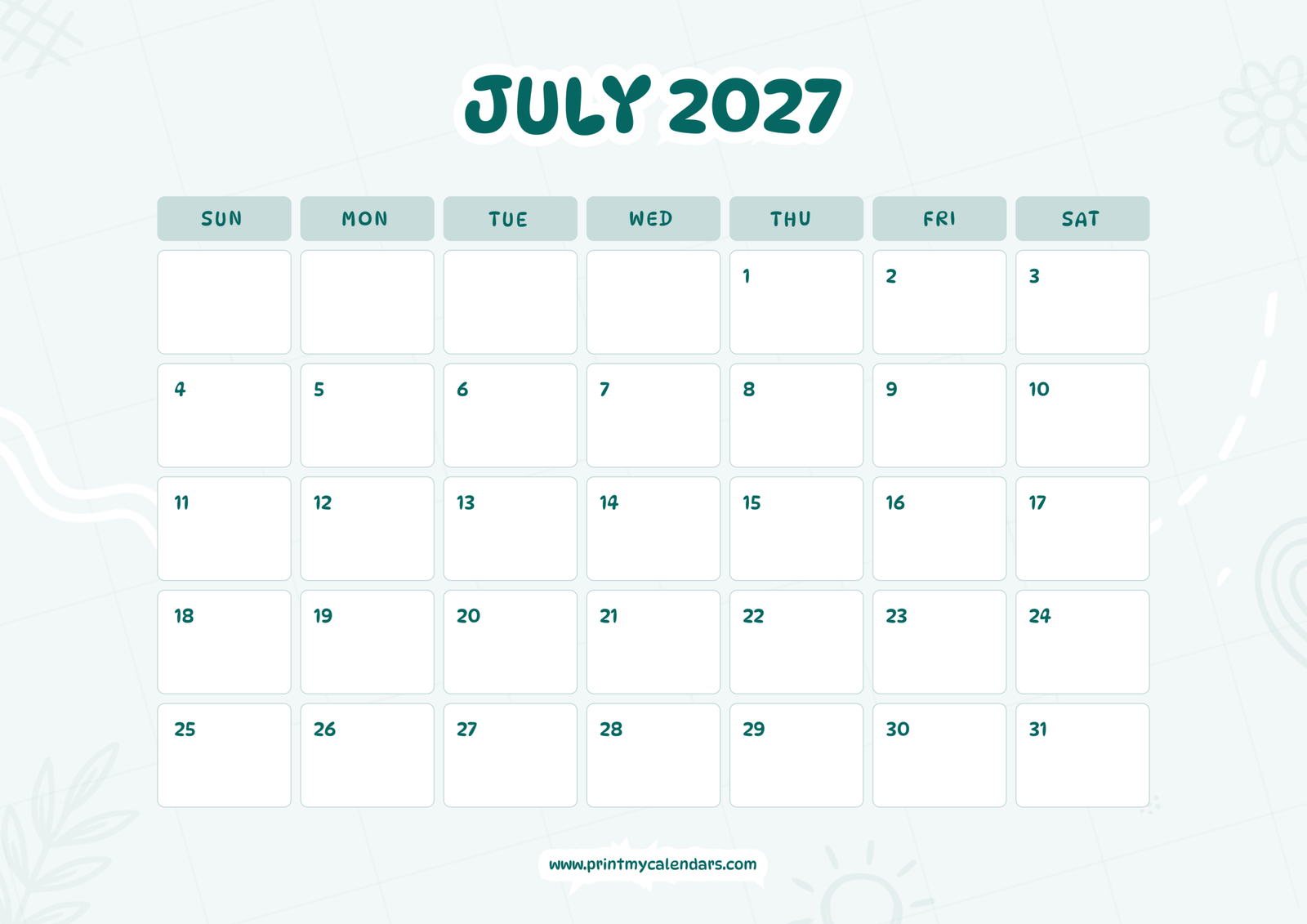 Printable Teal Block Planner July calendar 2027 Landscape A4