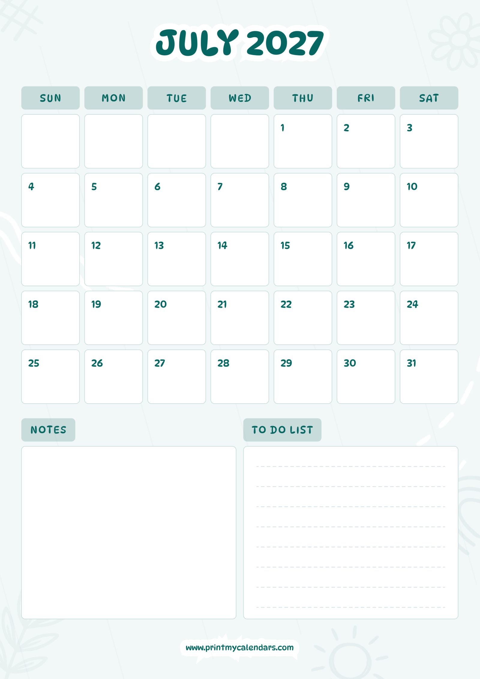 Printable Teal Block Planner July calendar 2027 Portrait A4