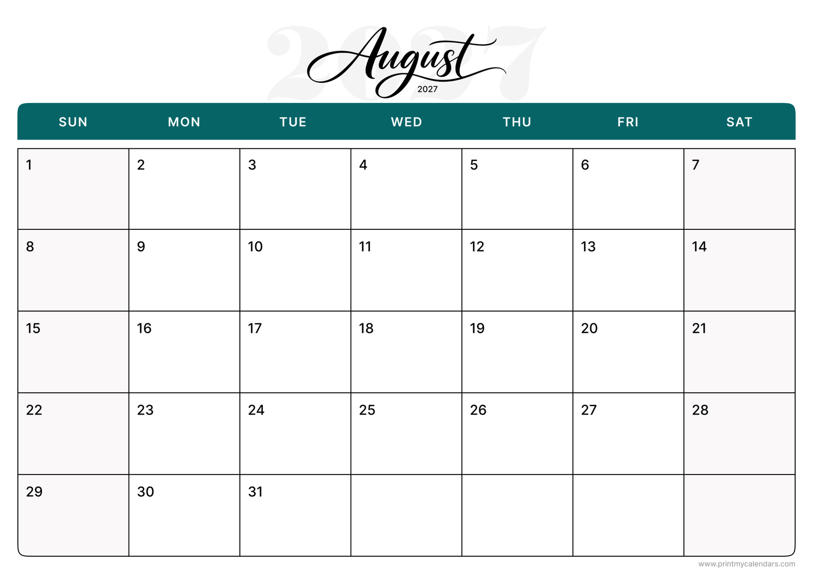 Printable Teal Elegance August calendar 2027 Landscape A4