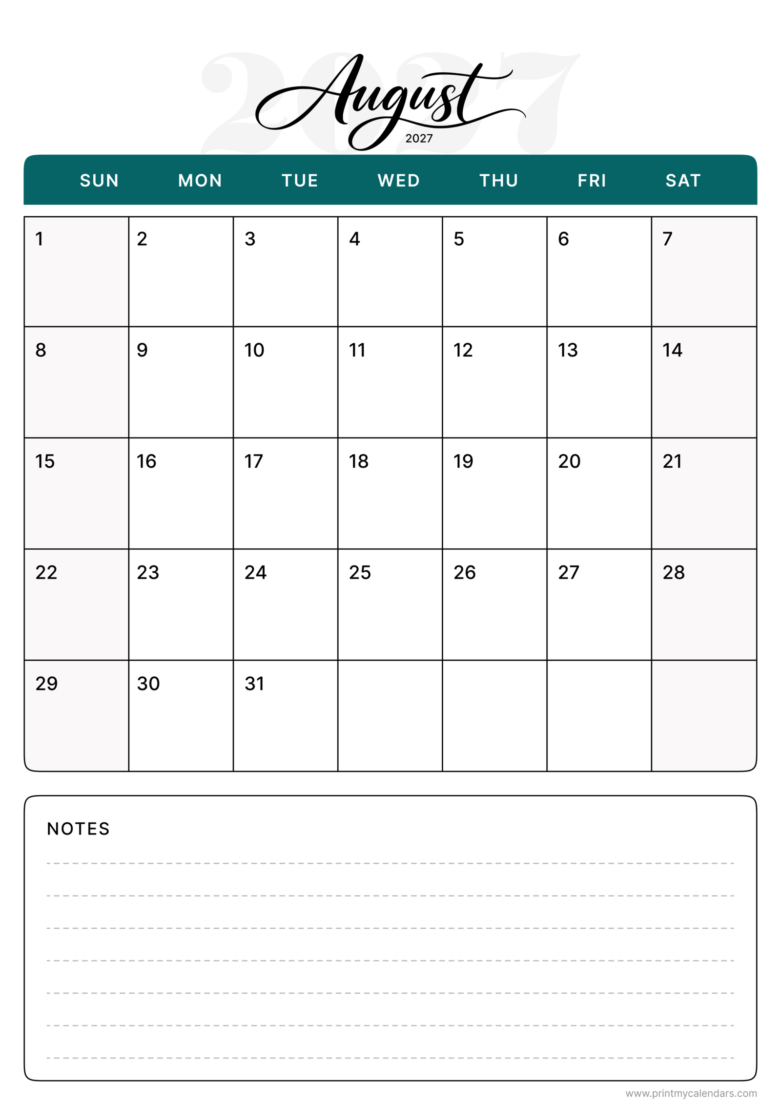 Printable Teal Elegance August calendar 2027 Portrait A4