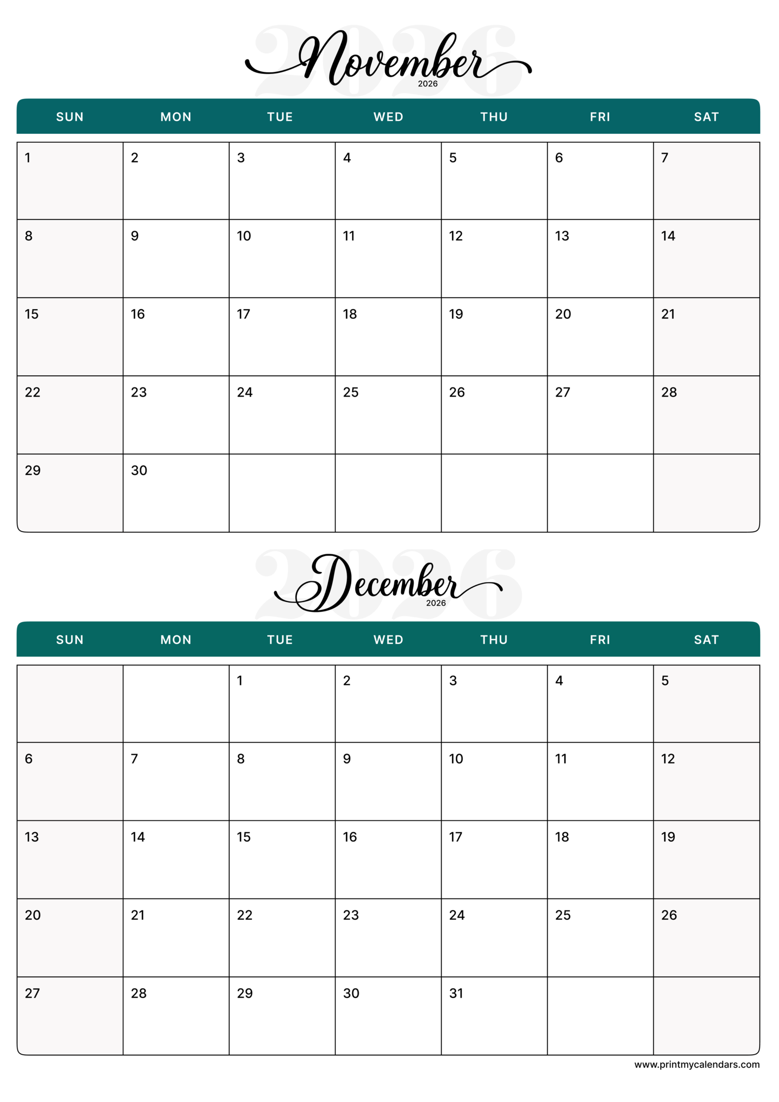 Printable Teal Grid November December calendar 2026 Portrait A4