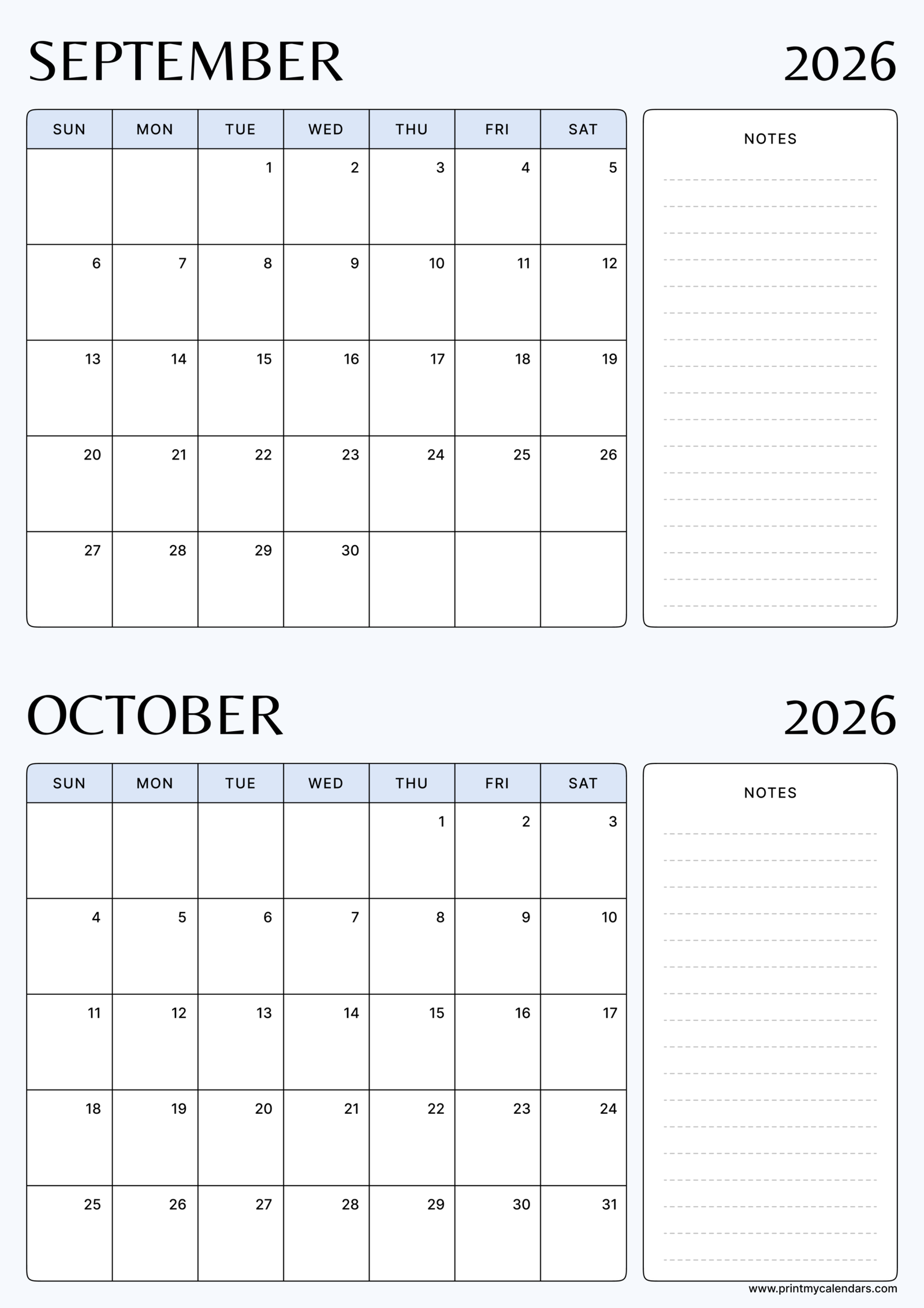 Printable The Crisp Essential September October calendar 2026 Portrait A4