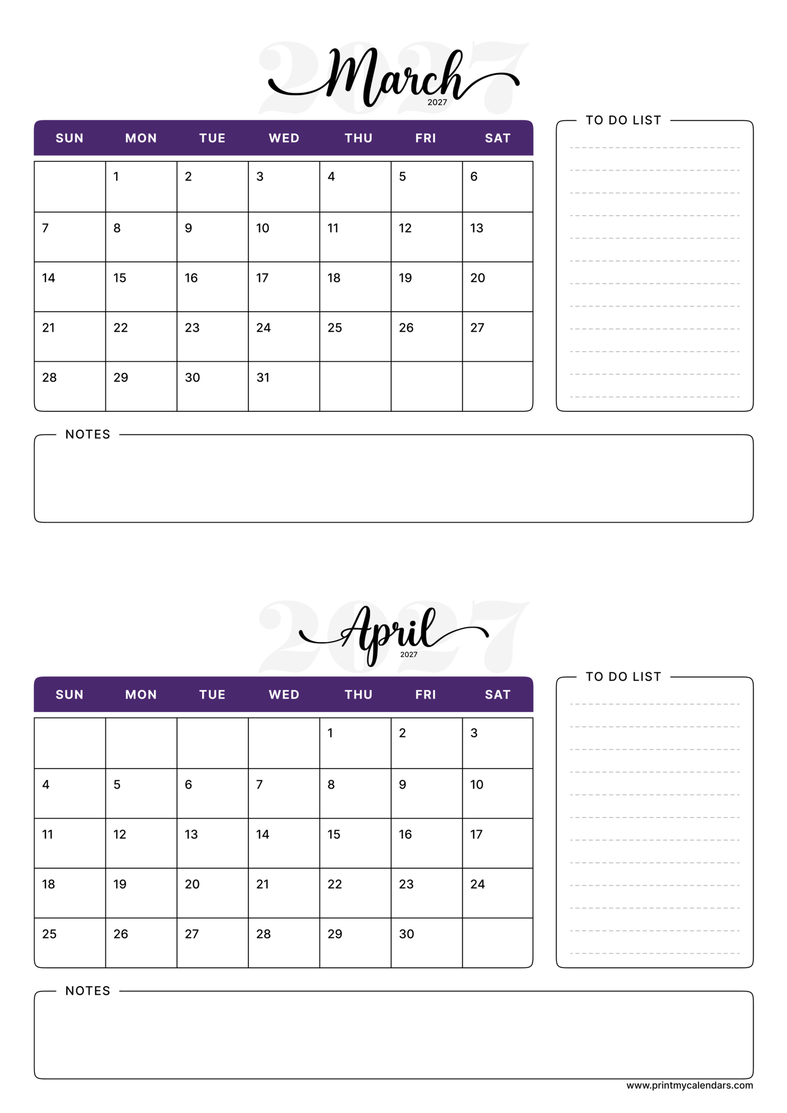 Printable Violet Notes March April calendar 2027 Portrait A4