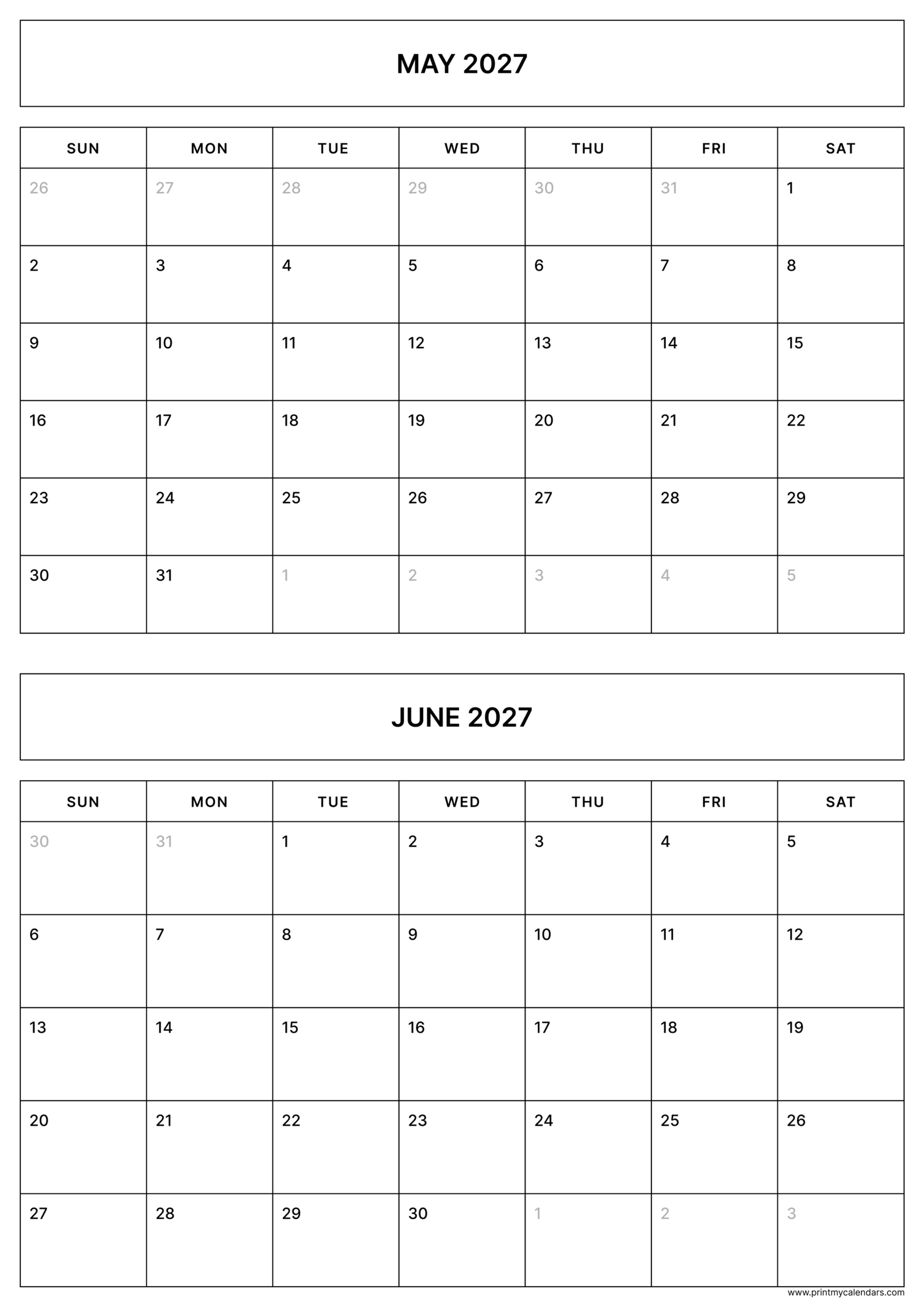 Printable simple May June calendar 2027 Portrait A4