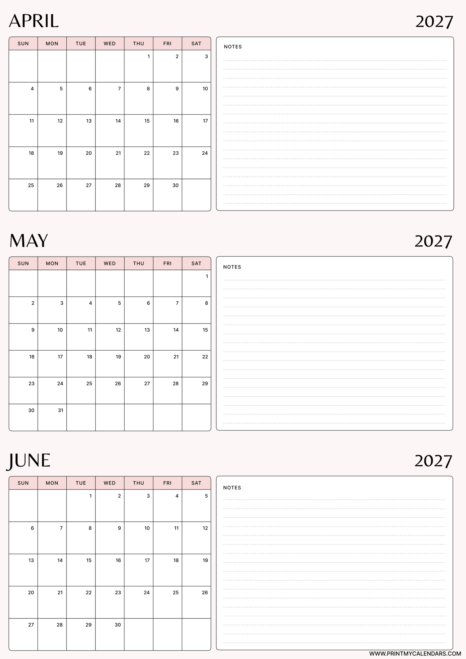 Printable Crimson April May June calendar 2027 Portrait A4