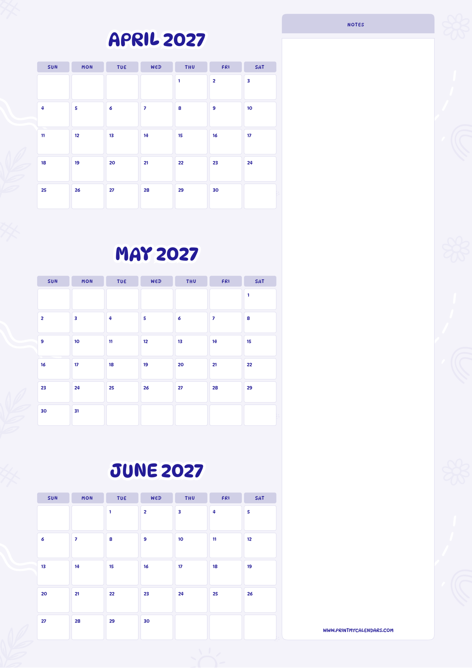 Printable Deep Violet April May June calendar 2027 Portrait A4